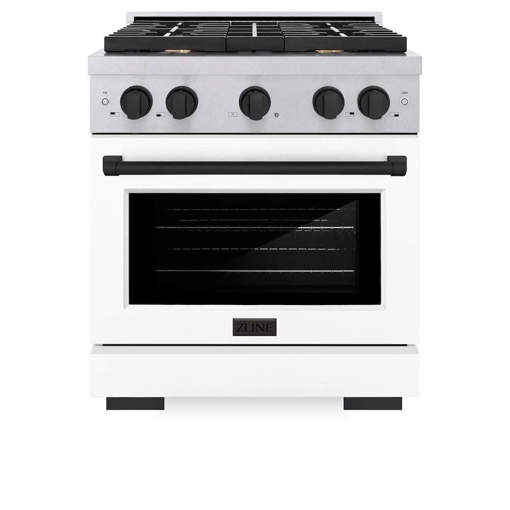 ZLINE Autograph Edition 30-inch Dual Fuel Range - 4.2 cu. ft. Capacity, 4-Burner Gas Cooktop & Electric Convection Oven - Satin Stainless Steel with White Matte Door & Matte Black Accents (SDRSZ WM 30 MB) - Perfect for Modern Kitchens, Home Chefs & Gourmet Cooking