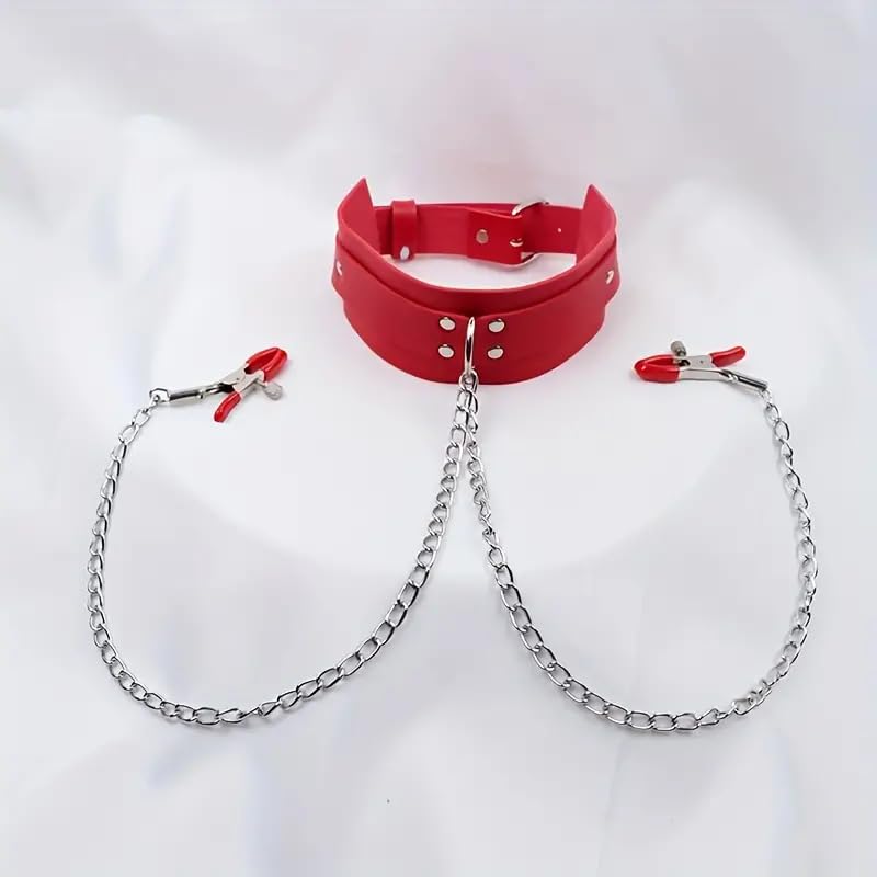 BDSM Nipple Clamps & Leather Collar Set - Fetish Toys for Women - Red