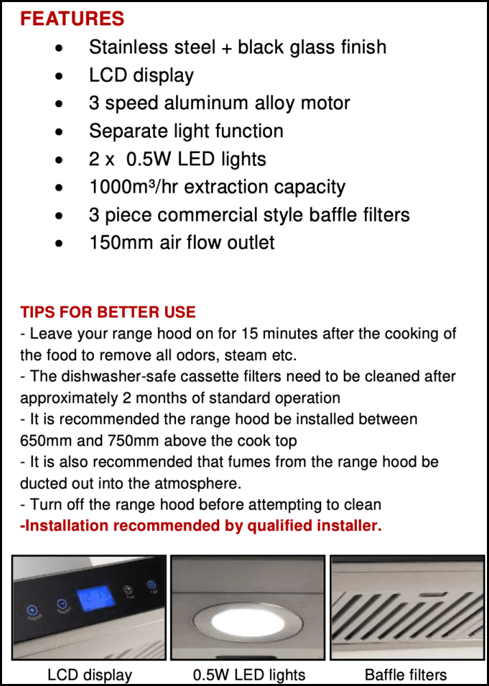 Euro Appliances EA90STRS 90cm Stainless Steel Touch Control Range Hood - Perfect for Modern Kitchens & Open-Plan Living Spaces