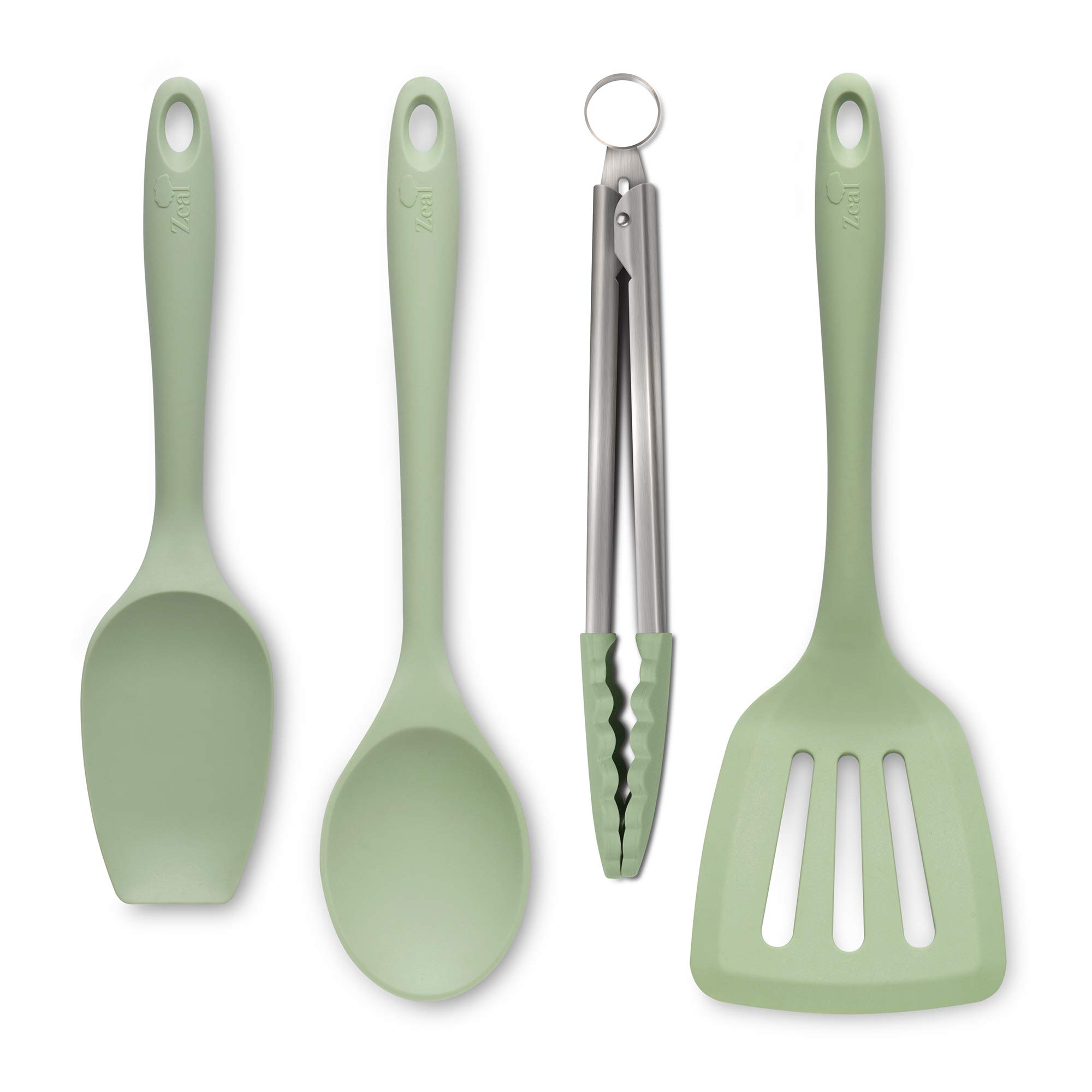 Non-Stick Silicone Cooking Utensil Set - 4-Piece Kitchen Tools with Heat-Resistant Tongs, Turner, Spatula & Spoon in Sage Green | Perfect for Frying, Baking, Grilling & Serving