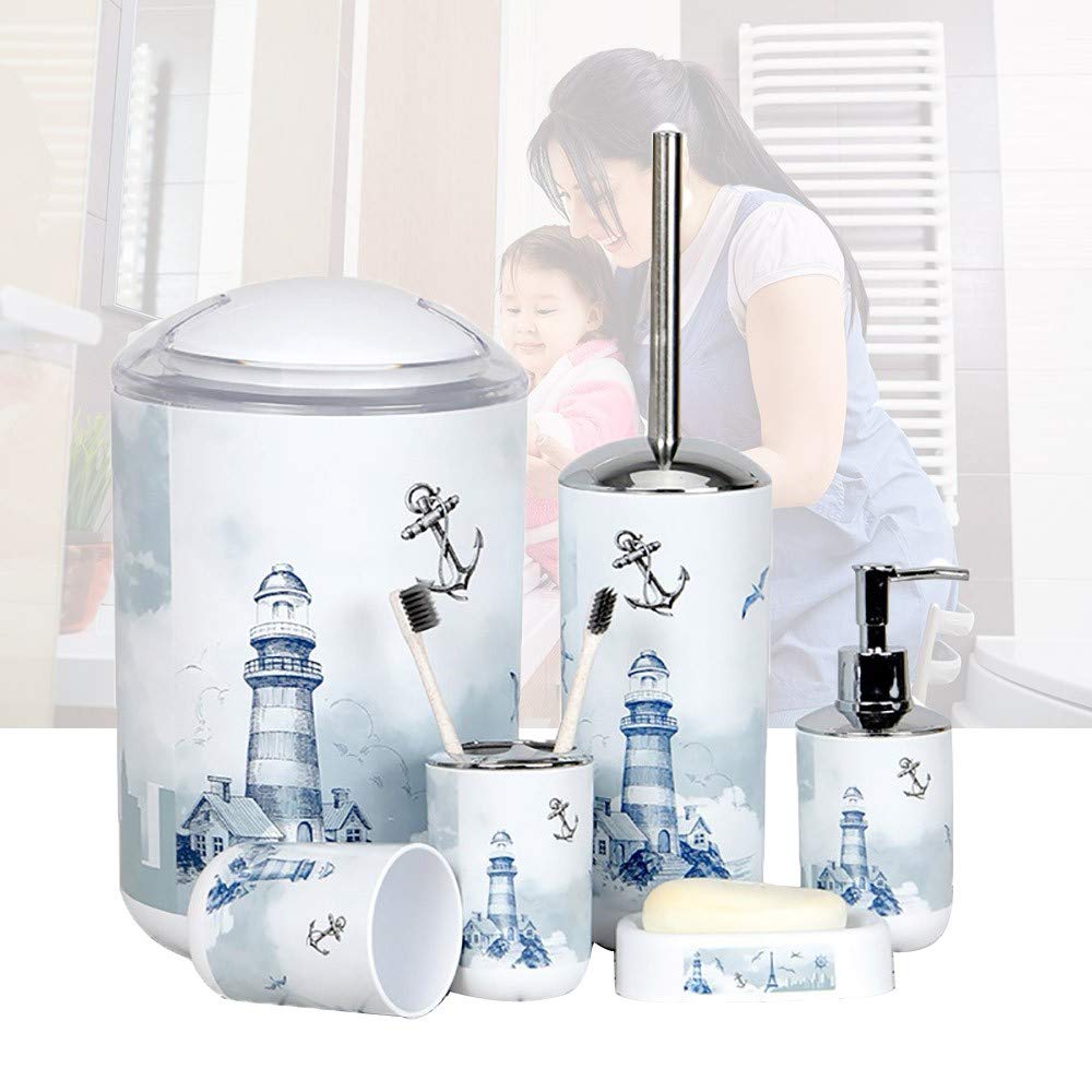 6-Piece Luxury Lighthouse Bathroom Accessory Set - Plastic Soap Dish, Toothbrush Holder, Tooth Mug, Lotion Bottles, Toilet Brush & Trash Bin for Modern Bathrooms | Spa-Inspired Home Decor & Guest Bath Essentials