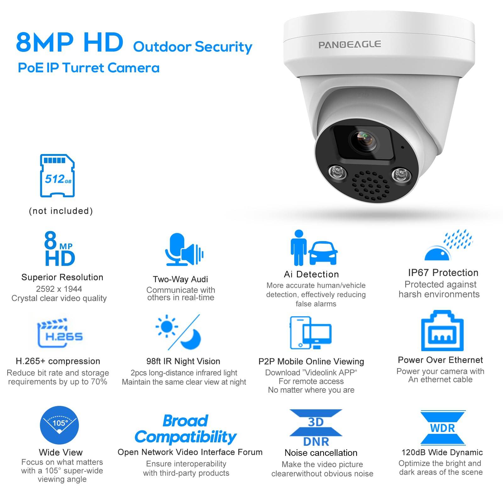 8MP PoE IP Security Camera, 4K Outdoor Turret Surveillance Camera with 2.8mm Lens - Compatible with Hikvision, Two-Way Audio, Human/Vehicle Detection, EXIR 2.0 Night Vision up to 98ft, IP67 Waterproof, MicroSD Slot (Supports 512GB) - Ideal for Home Security, Business Monitoring, and Property Protection