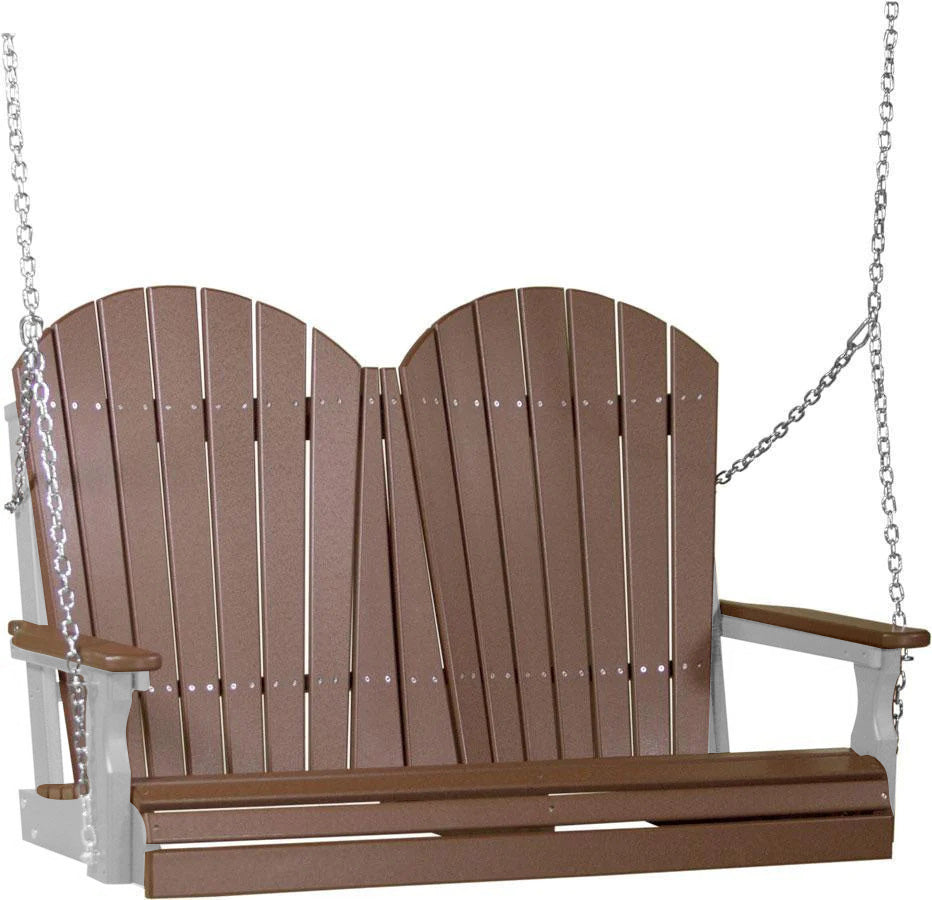 LuxCraft Chestnut Brown Adirondack 4ft. Recycled Plastic Porch Swing With Cup Holder - Outdoor Patio Furniture for Garden, Backyard & Deck Relaxation
