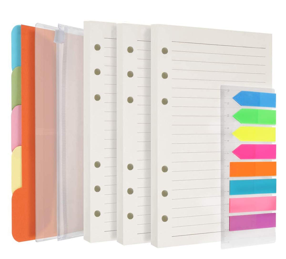 Premium A6 Refill Paper 3-Pack - 270 Lined Pages with 5 Color Binder Dividers, 160 Neon Sticky Index Flags & 2 A6 Binder Pockets - Compatible with 6-Ring Refillable Notebooks - Perfect for Journaling, Planning & Office Organization
