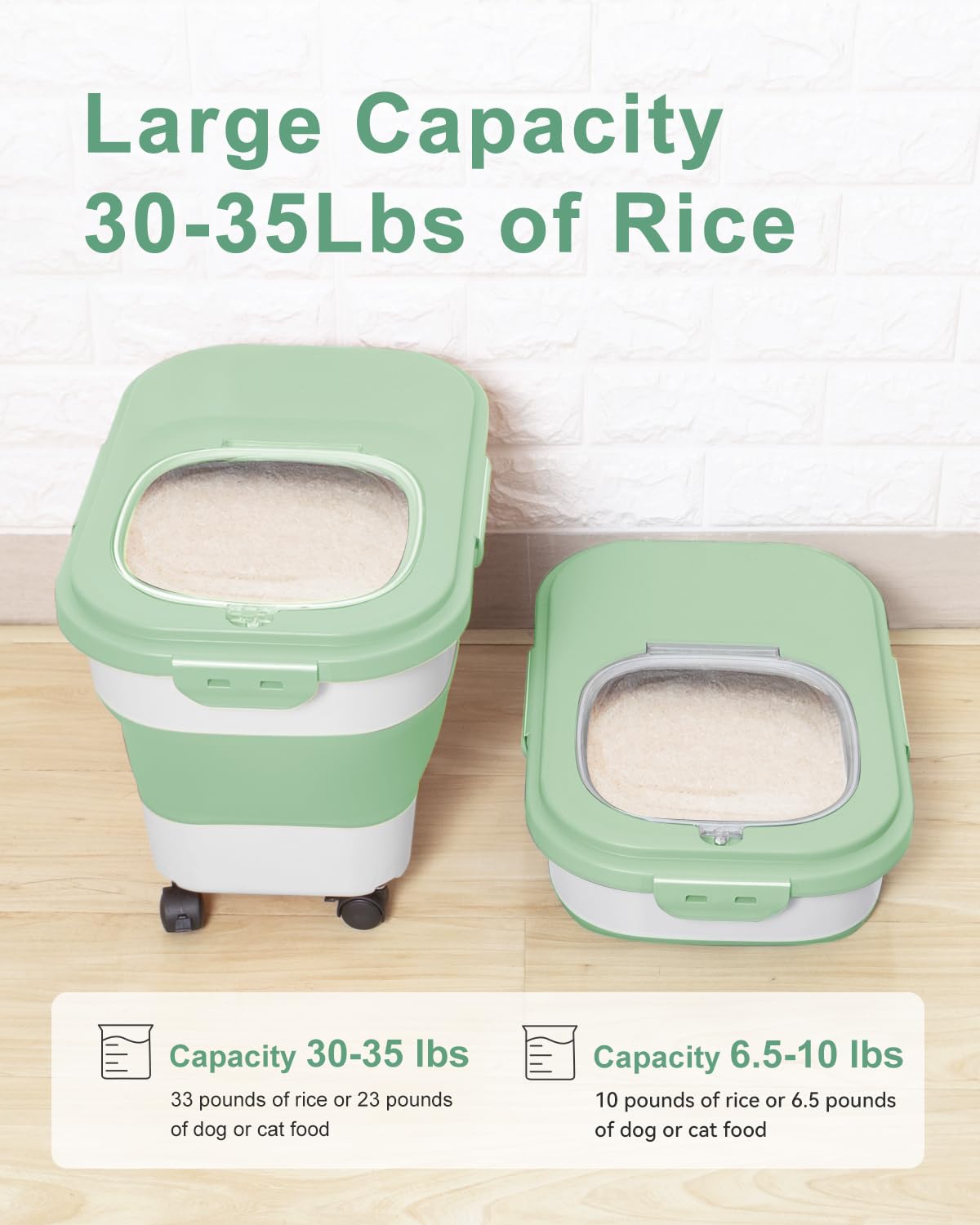 20-30 Lbs Airtight Collapsible Rice Storage Container with Rolling Wheels & Locking Lid - Flour & Pet Food Storage Bin with Measuring Cup & Scoop - Ideal for Kitchen, Pantry, Camping & Bulk Food Organization