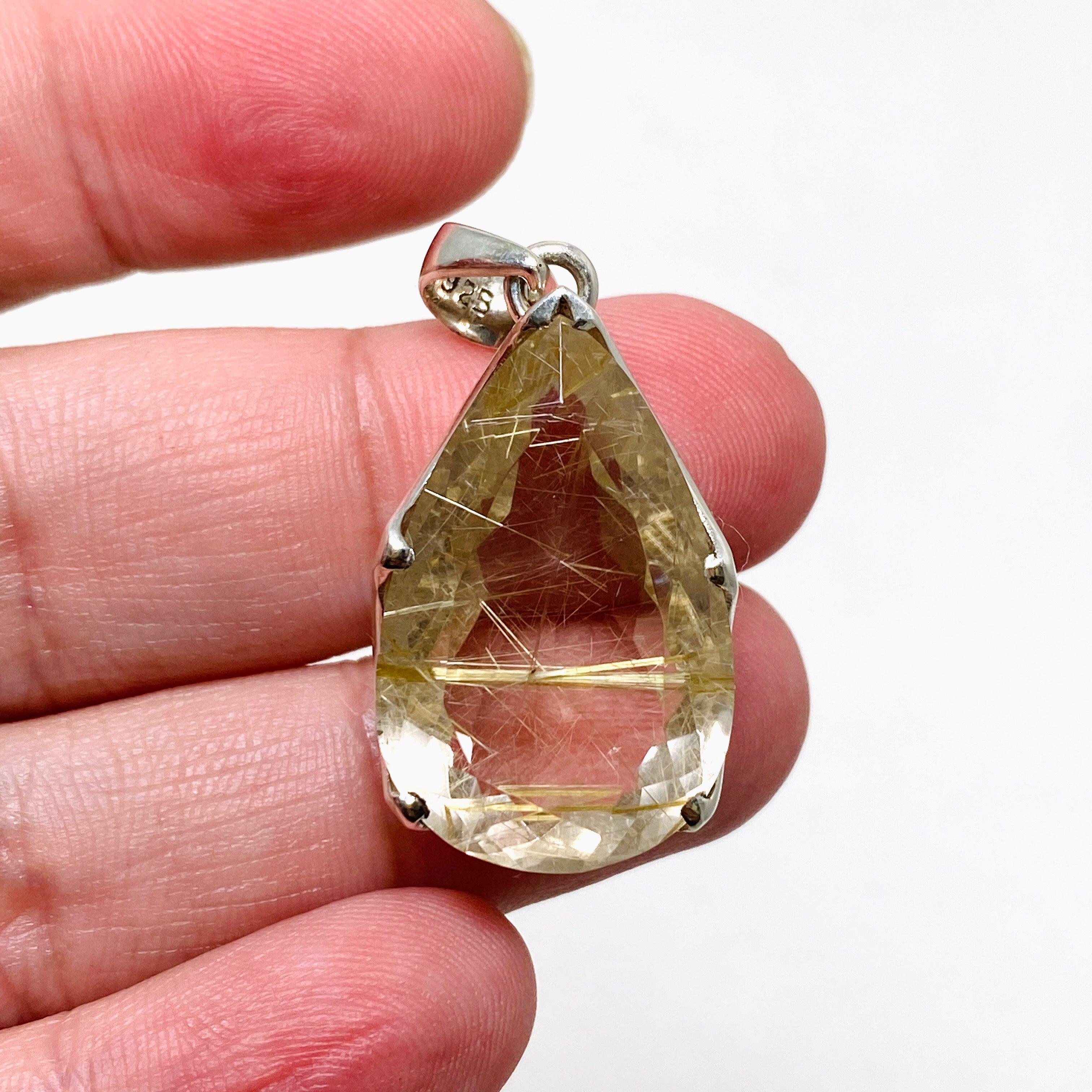 Natural Rutilated Quartz Faceted Teardrop Pendant Necklace - Elegant Golden Needle Inclusions - Perfect for Spiritual Healing, Meditation & Boho Jewelry Collection