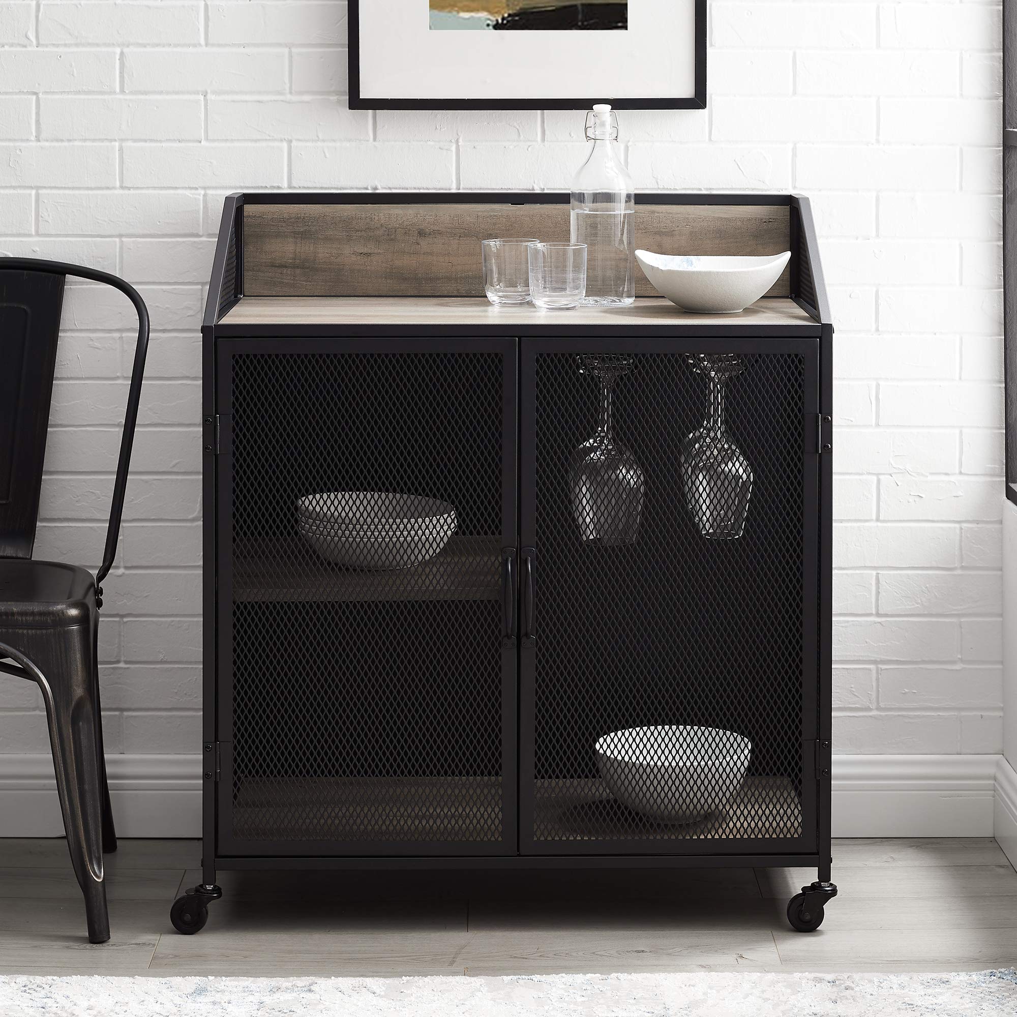 Walker Edison Malcomb Urban Industrial Metal Mesh Double Door Rolling Bar Cabinet, 33 Inch, Grey - Perfect for Home Bars, Kitchen Storage & Living Room Organization