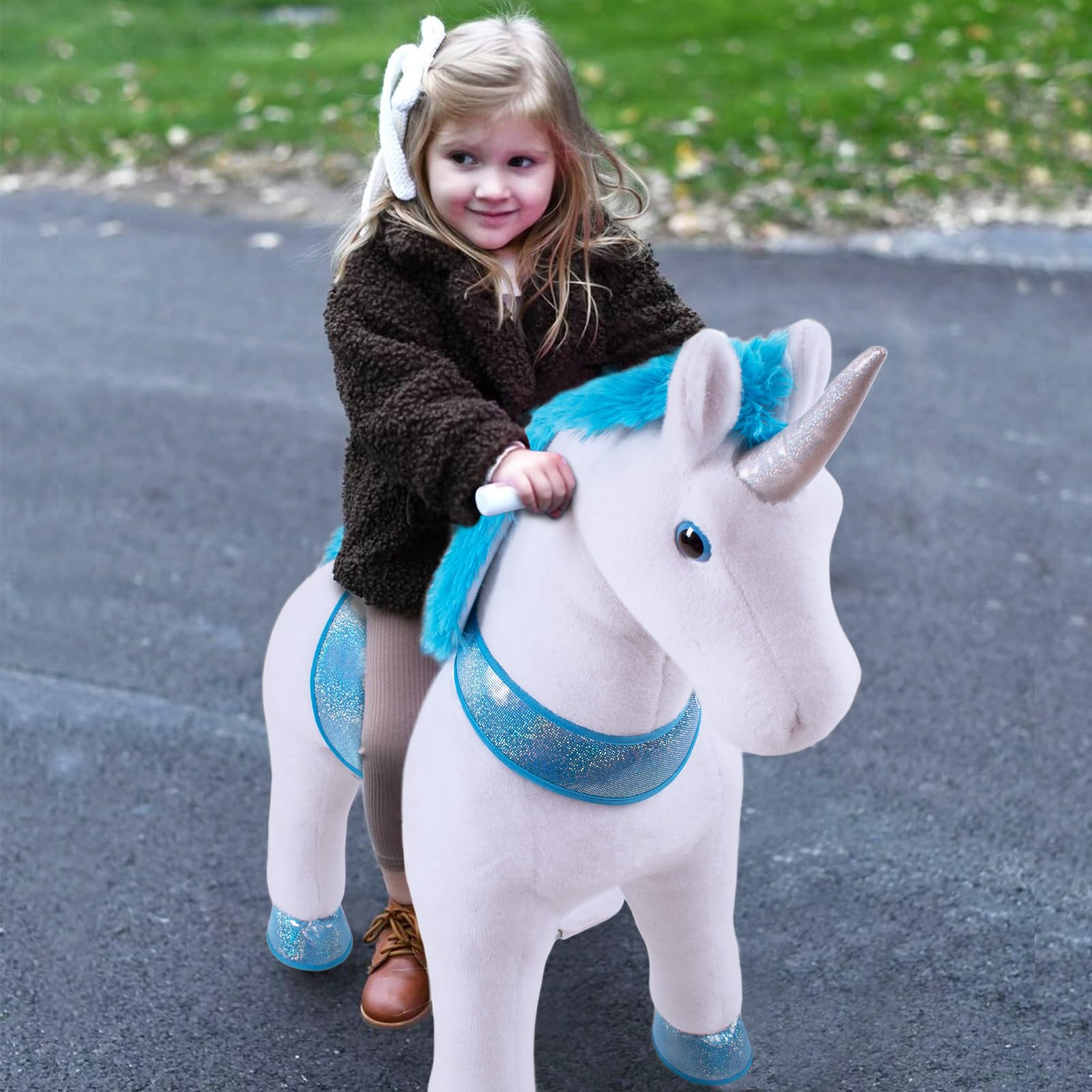 WondeRides Blue Unicorn Rocking Horse Toy for Kids - 30.1 Inch Plush Mechanical Riding Pony with Wheels, Ages 3-5 Years | Perfect for Indoor Play, Birthday Gifts & Toddler Motor Skill Development