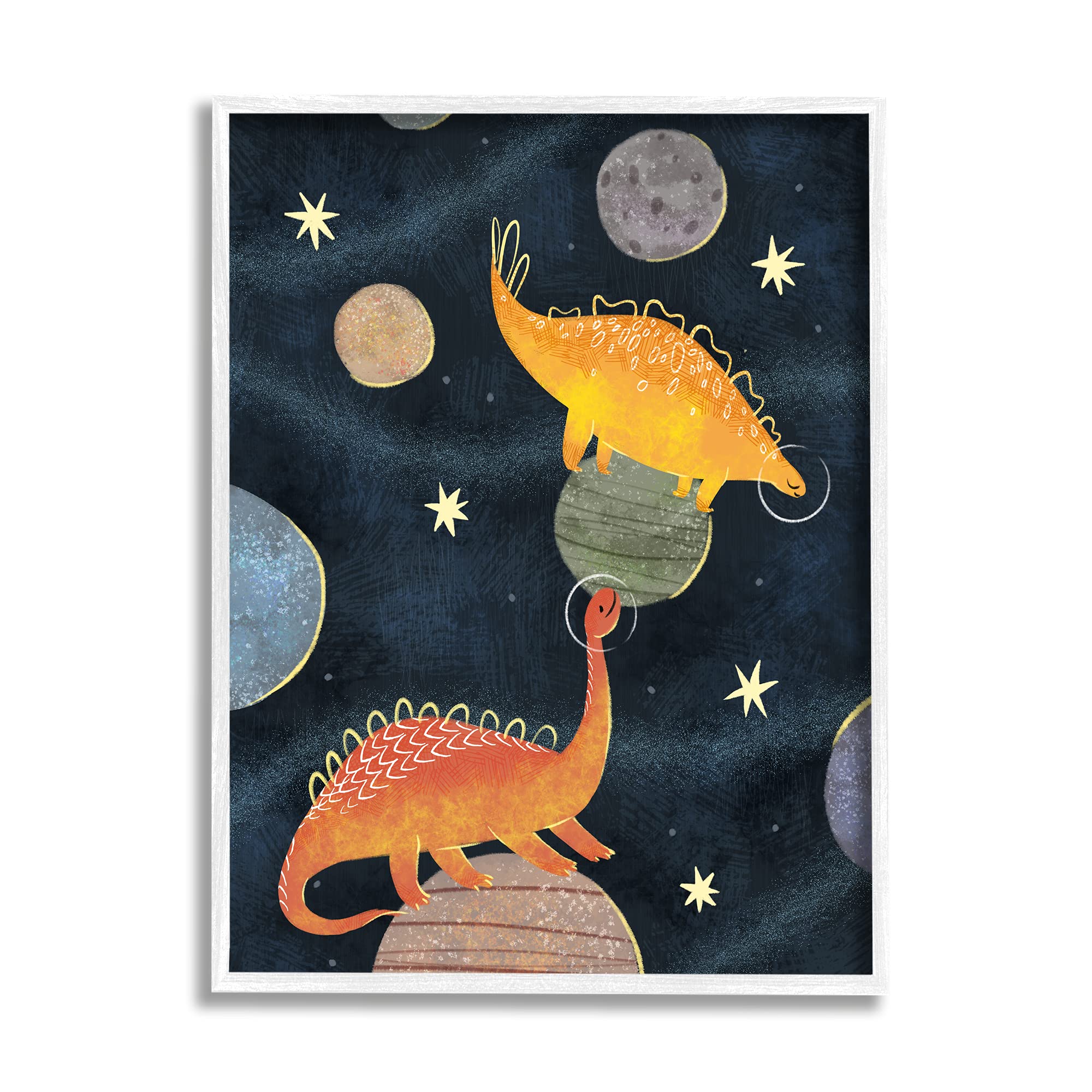 Stupell Industries Dinosaur Astronauts on Space Planets with Yellow Stars - White Framed Wall Art 16
