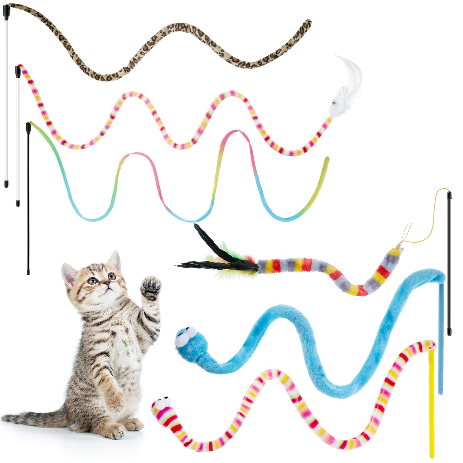 6-Piece Interactive Cat Wand Toys with Feather & Bell - Safe Teaser Catcher Stick for Kittens & Adult Cats - Colorful Sounding Training & Exercise Toys for Indoor Play & Christmas Gifts