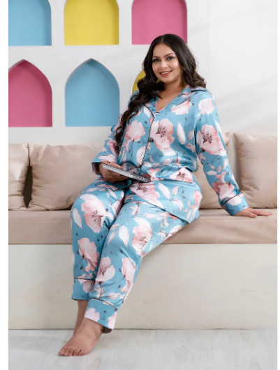 Elegant Blue & White Satin Nightwear Set - Soft & Comfortable Sleepwear for Women - Perfect for Bedtime, Lounging & Relaxation