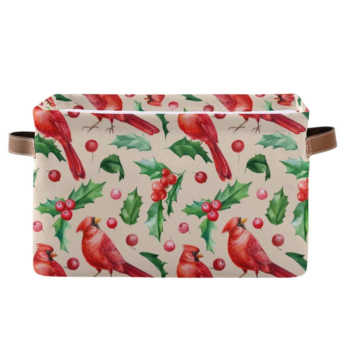 Susiyo Large Foldable Storage Bin with Holly Leaves & Red Cardinal Birds Design - Collapsible Decorative Fabric Storage Basket with Leather Handles - Perfect for Home, Closet, Bedroom, Nursery Organization (1 Pack) | Ideal for Holiday Decor & Seasonal Storage