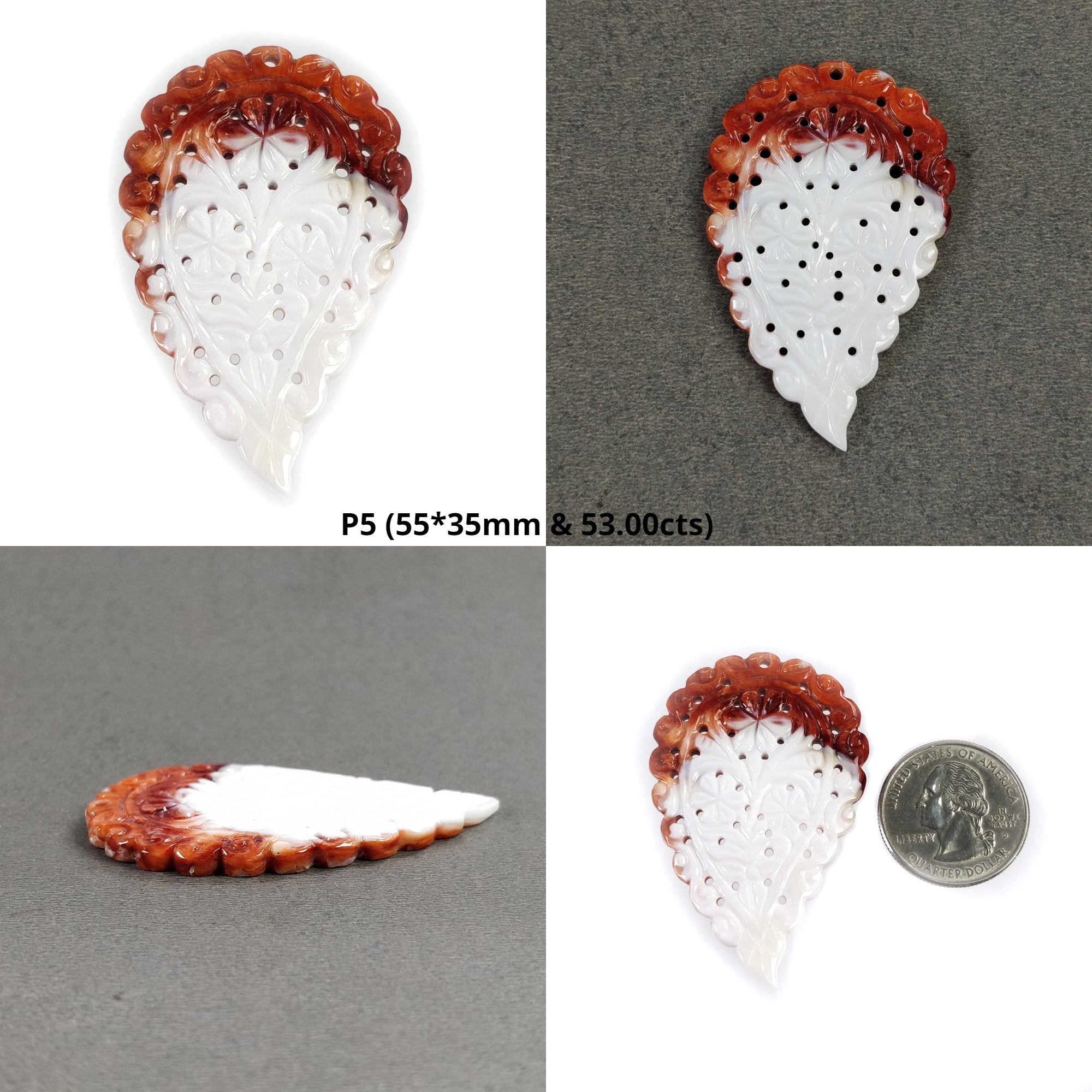 Natural Untreated Orange Mother of Pearl Gemstone Carving - Hand Carved Indian Leaves Design | Authentic MOP Jewelry for Necklace Pendants, Home Decor & Spiritual Gifts