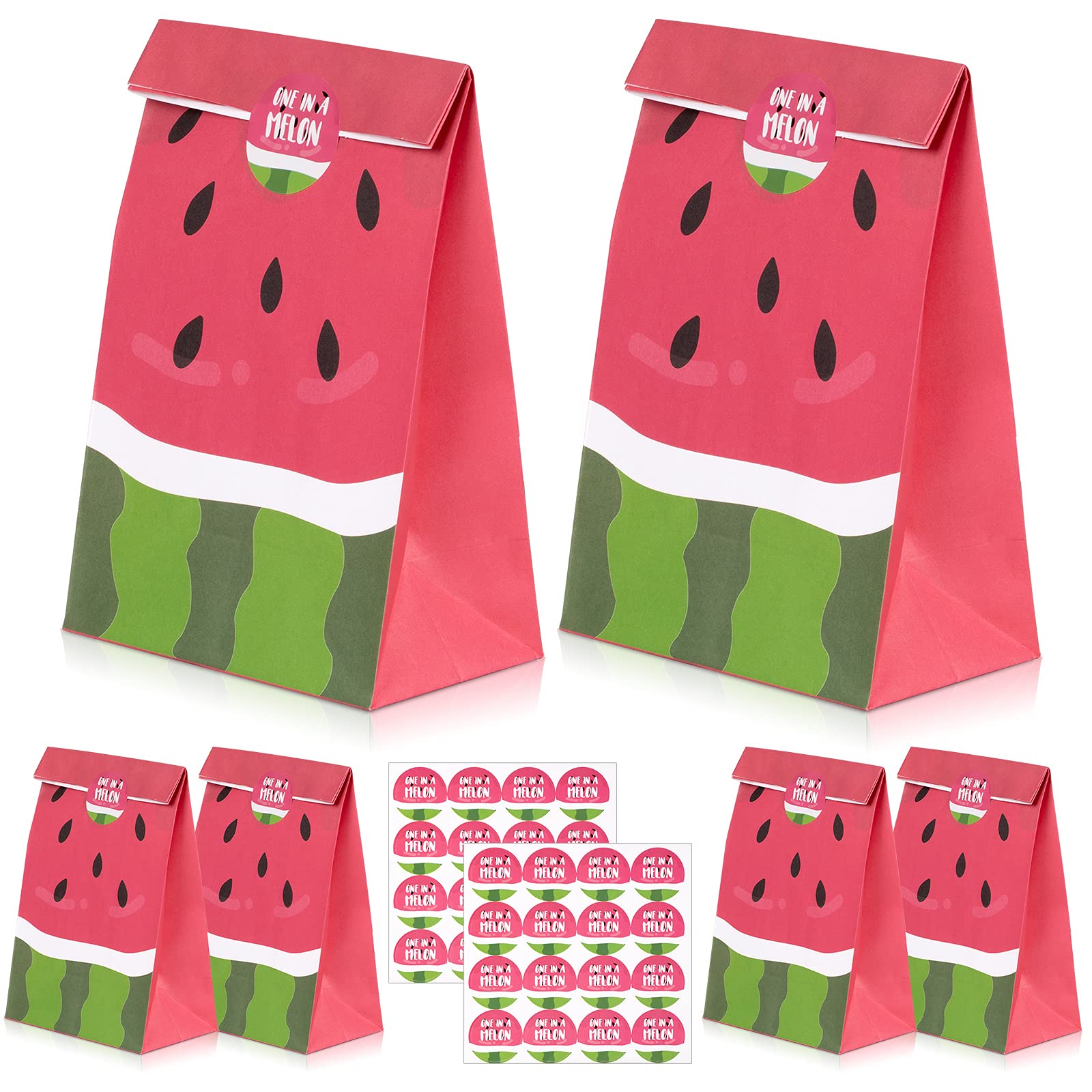 32Pcs Watermelon Themed Party Favor Bags with Stickers - Summer Fruit Candy Treat Bags for Birthday, Pool Party & Tropical Themed Events - Reusable Goodie Bags for Kids & Adults - Perfect for Summer Celebrations, Beach Parties & School Events