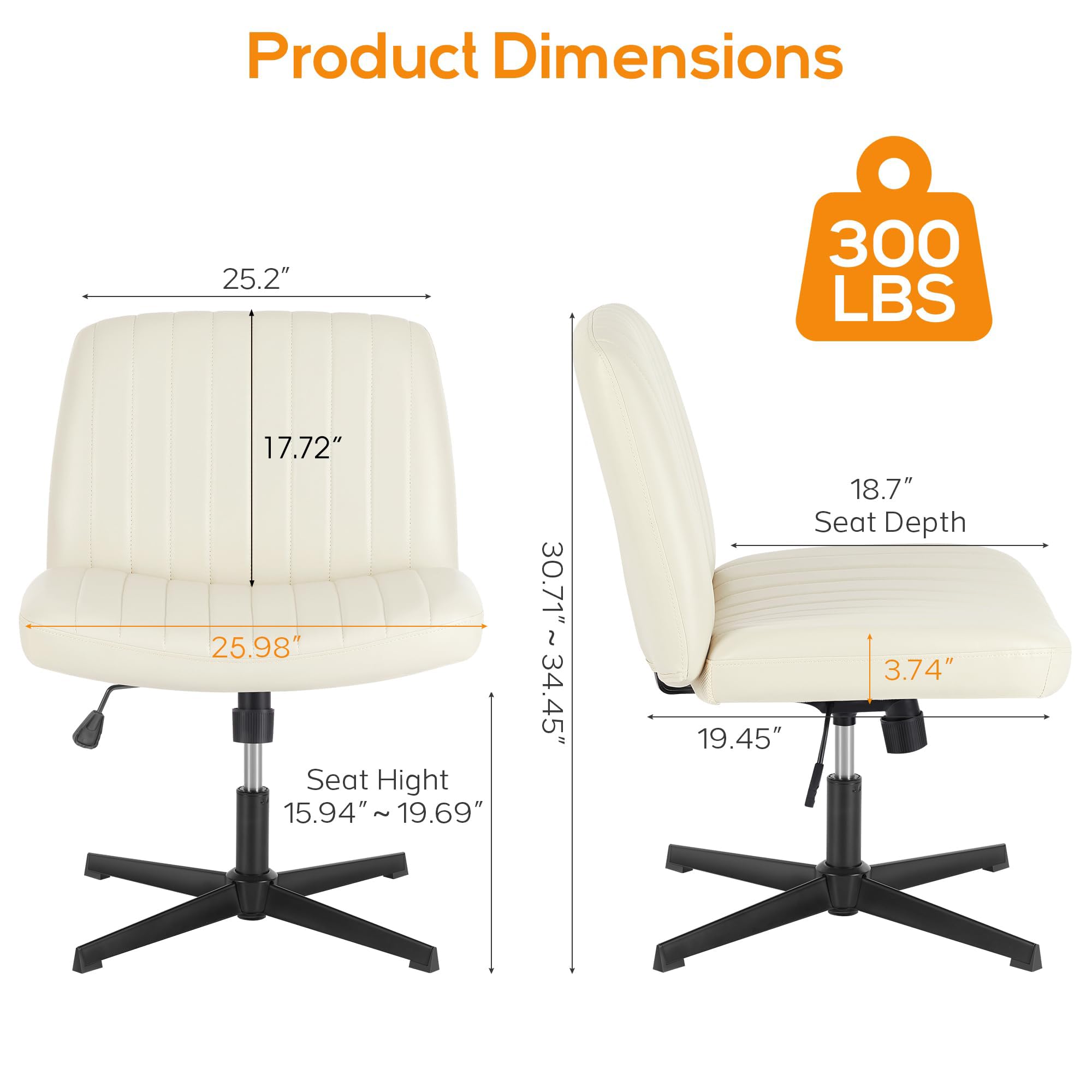 DUMOS Criss Cross Chair Leg Office Chair - Wide Comfortable Desk Seat, No Wheels Armless Computer Task Chair, Swivel Vanity Chair - Adjustable Height for Home & Office Workspace