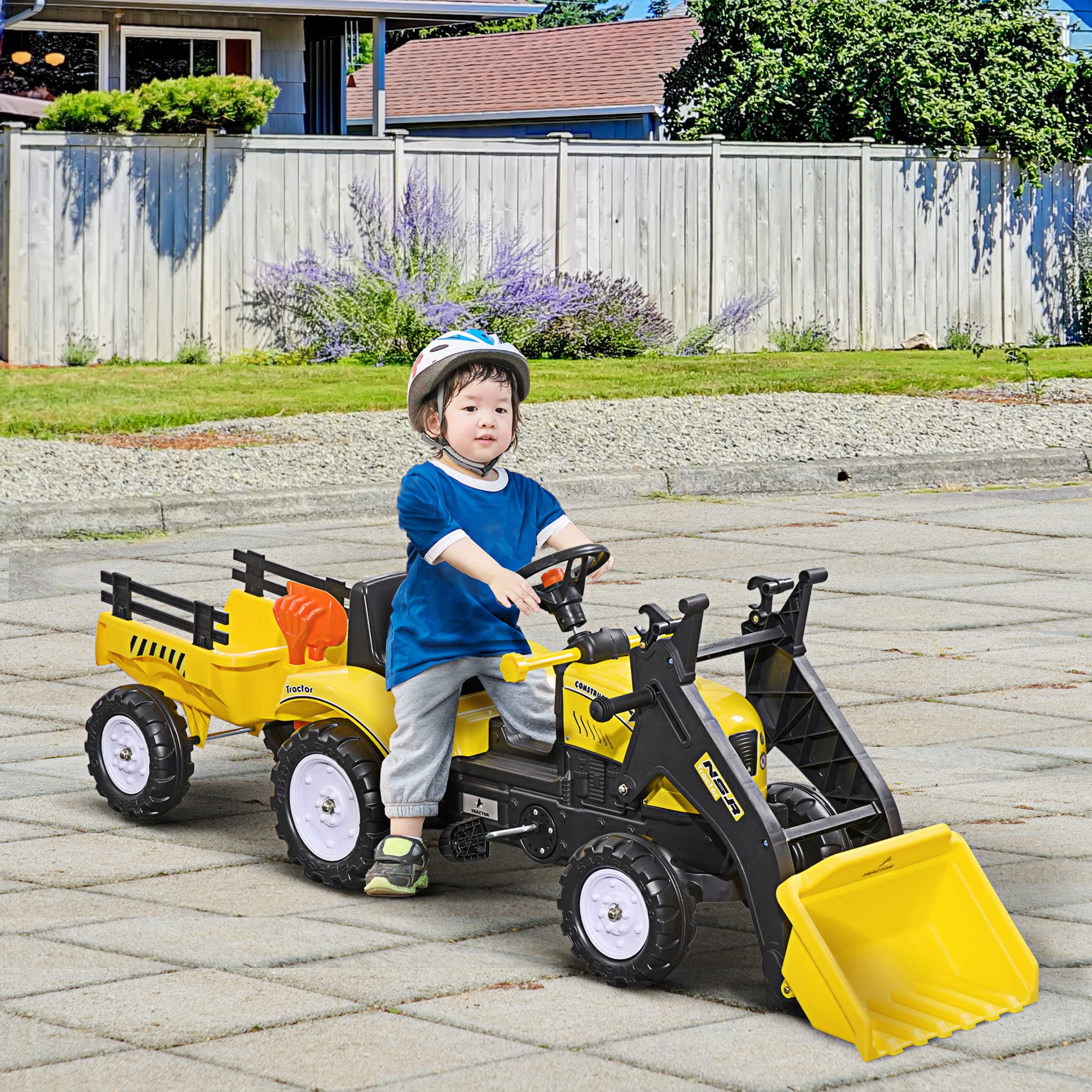 HOMCOM Kids Pedal Tractor Toy for 3 Year Old Boys & Girls - Yellow Ride-On Excavator with Detachable Trailer & Front Loader, 35kg Capacity (167x41x52cm) - Perfect for Outdoor Play, Birthday Gifts & Backyard Fun