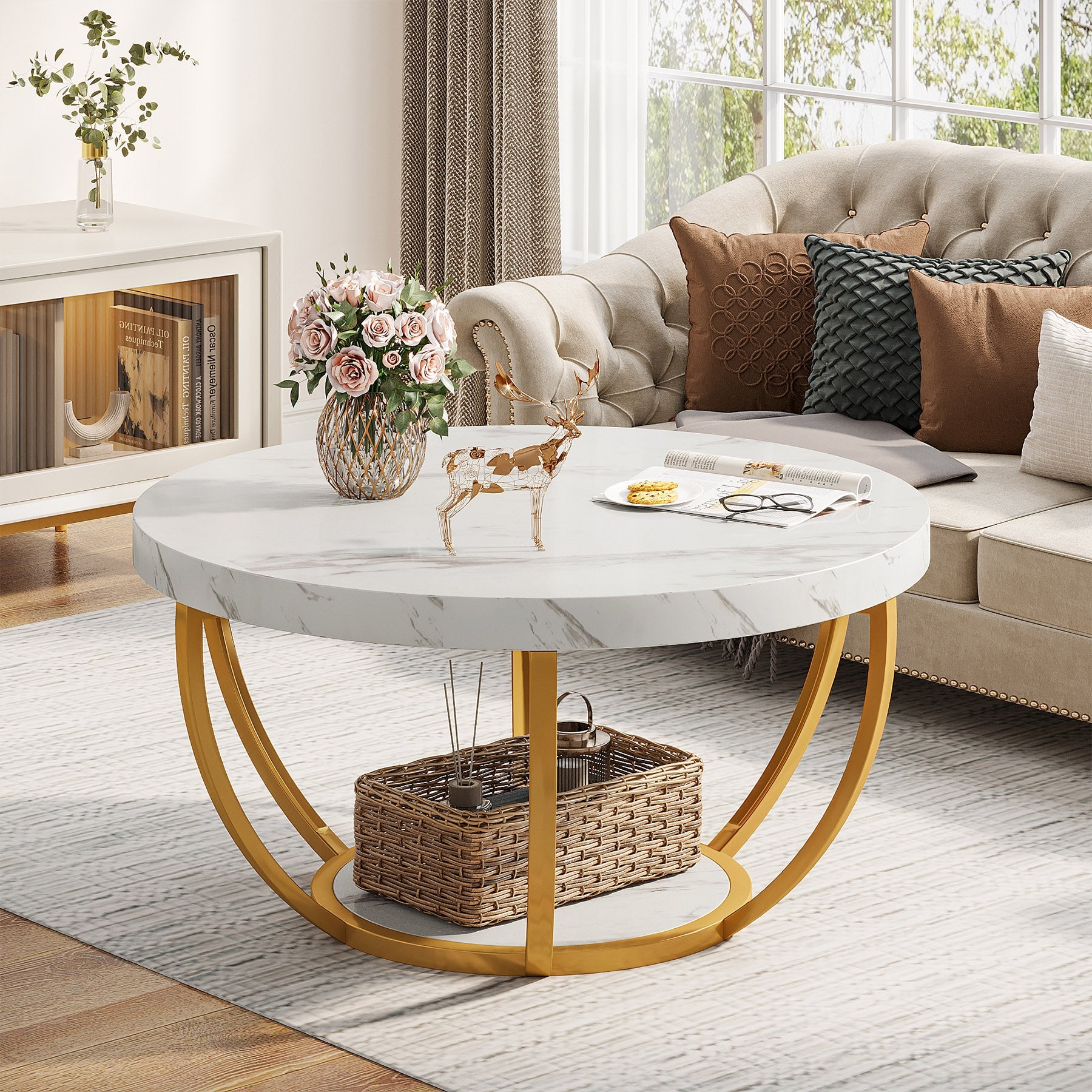 2-Tier Round Wooden Coffee Table with Storage Shelf - Modern Living Room Centerpiece for Home Decor & Entertaining