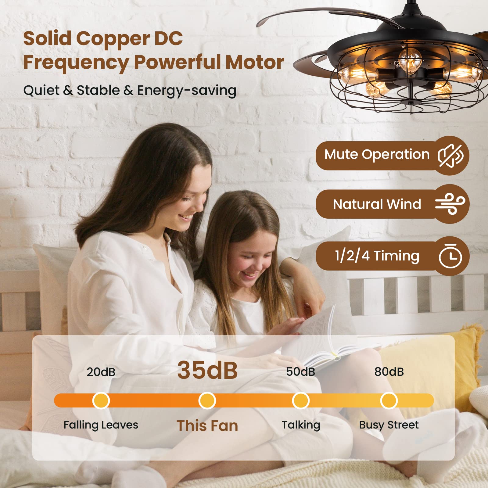 Siljoy 48 Inch Retractable Black Industrial Caged Ceiling Fan with Remote & 5 Lights - Farmhouse Chandelier Style for Living Room, Bedroom, Patio - Perfect for Home Cooling & Decorative Lighting