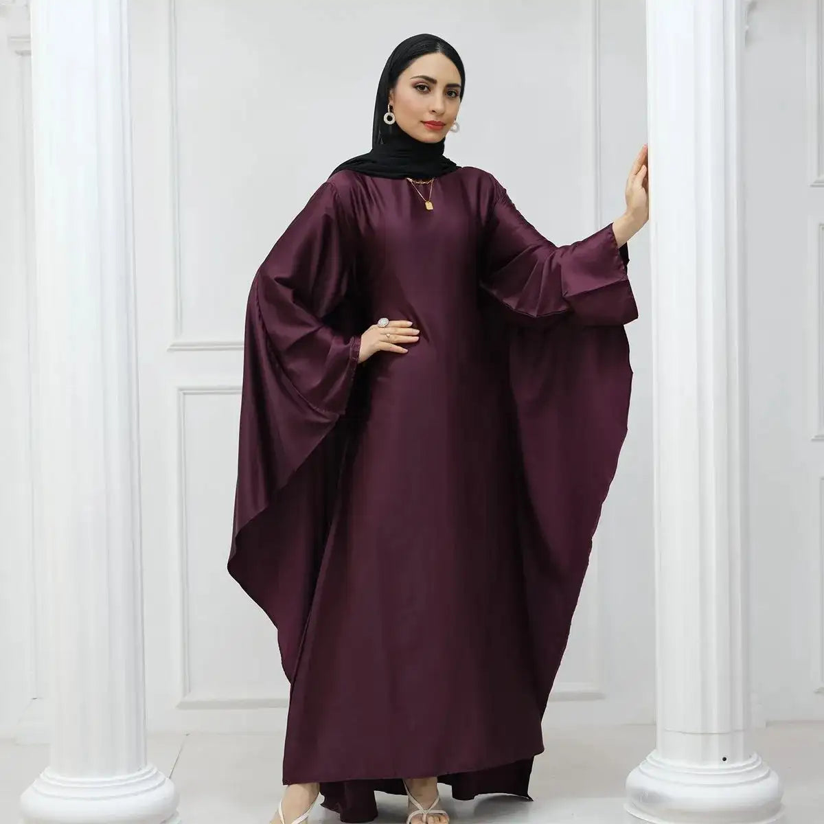 Elegant Butterfly Batwing Sleeve Satin Farasha Abaya Dress with Inner Belt - Modest Muslim Women's Prayer Dress for Special Occasions & Evening Events