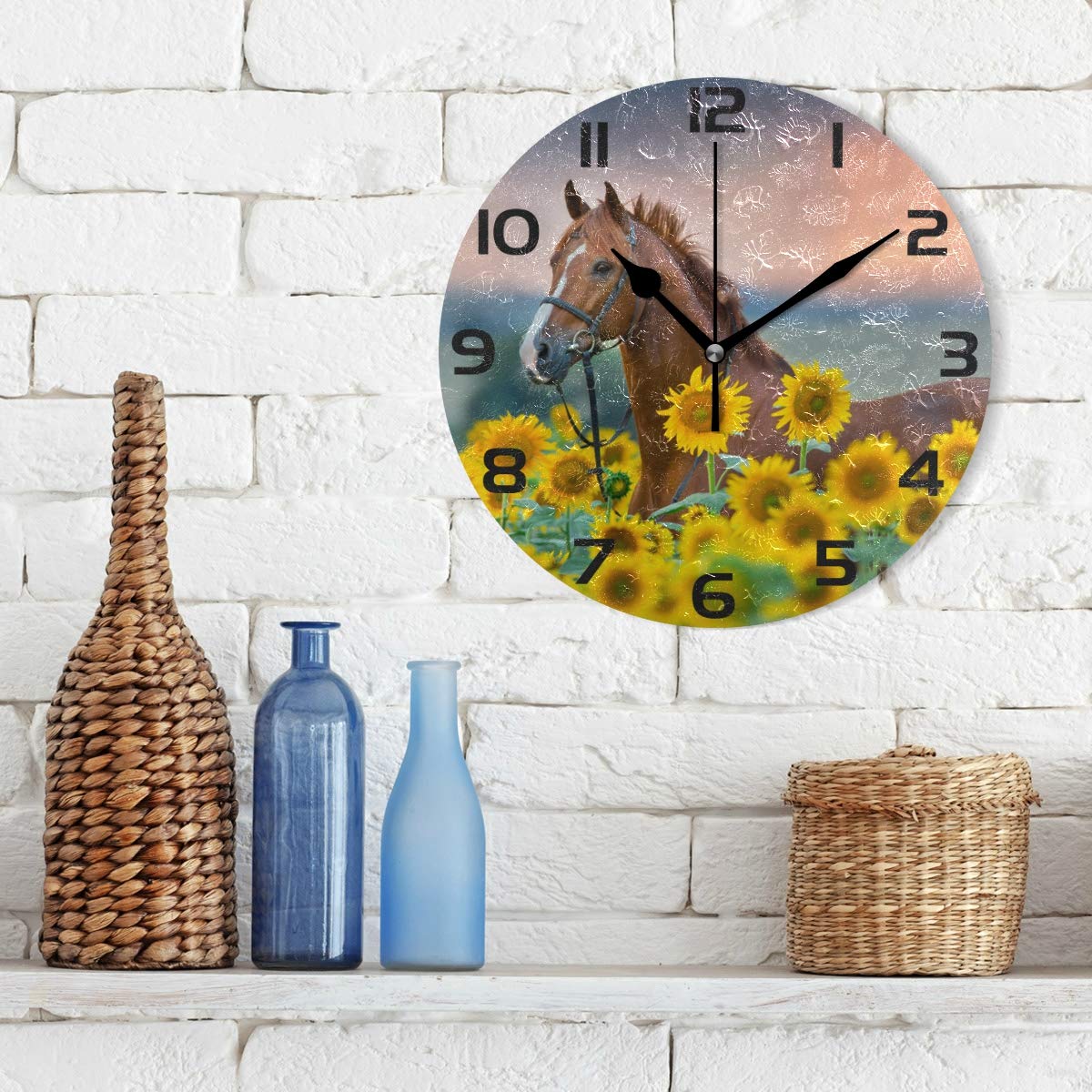 Elegant Horse & Sunflower Wall Clock - Silent Non-Ticking Decor for Home, Office, Bedroom & Living Room | Perfect Farmhouse & Rustic Interior Design Accent