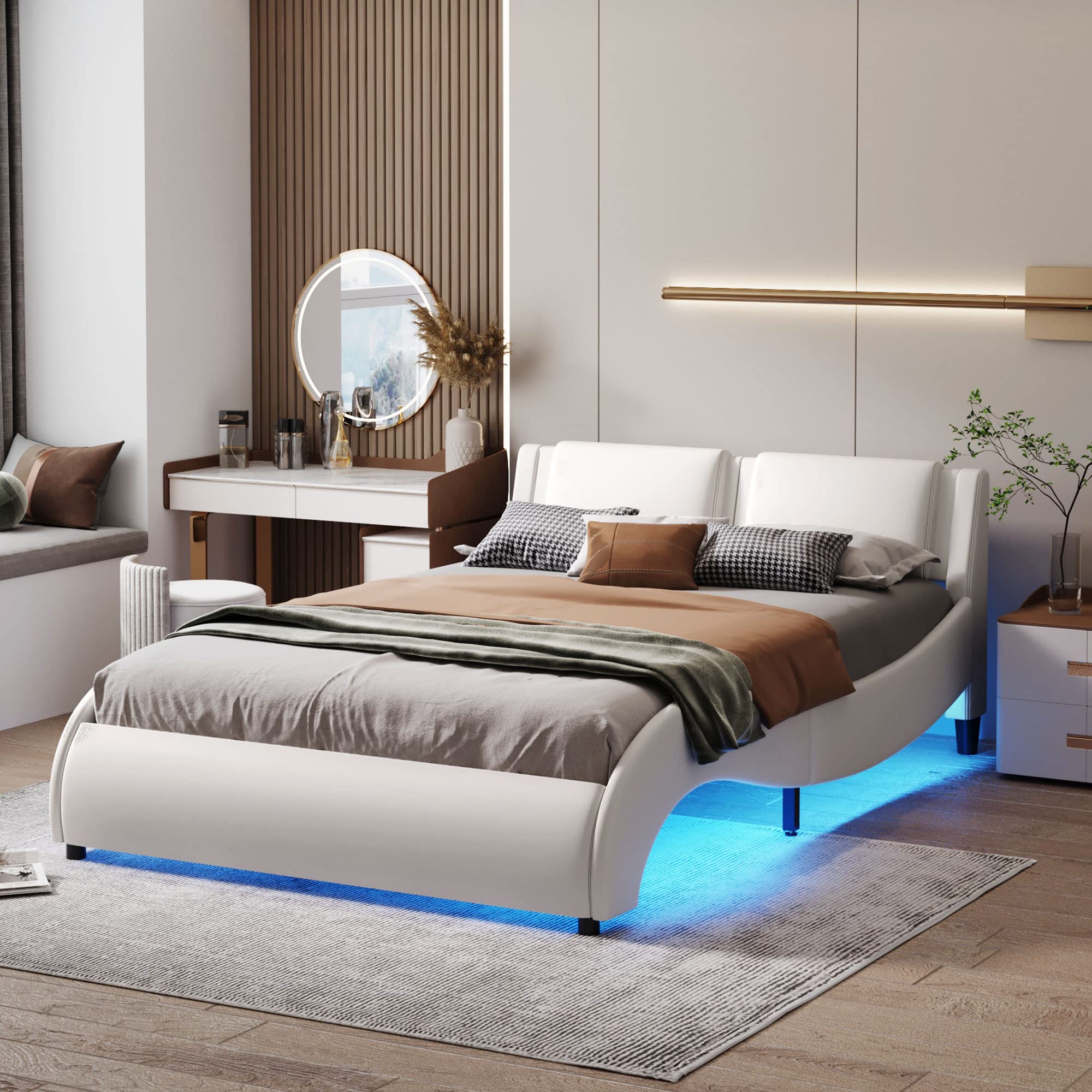 Modern Upholstered Faux Leather Platform Bed Frame with LED Light Headboard - Slatted Support, No Box Spring Needed - Full Size, White - Perfect for Contemporary Bedroom Decor & Cozy Nighttime Ambience
