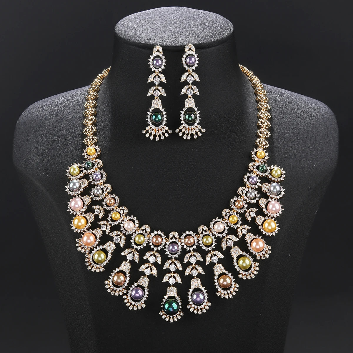 Luxury Cubic Zirconia 2-Piece Flower Pearl Necklace Set for Women - Nigeria Dubai Bridal Wedding Jewelry, Party Accessories CN11476 | Perfect for Weddings, Evening Parties, and Special Occasions