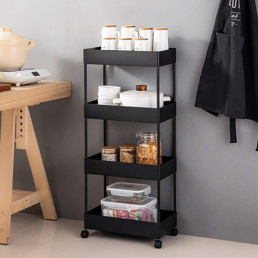 BEEY 4-Tier Slim Rolling Storage Cart with Wheels - Portable Utility Organizer for Kitchen, Bathroom, Bedroom, Craft Room - Black | Perfect for Small Space Organization & Mobile Storage Solutions
