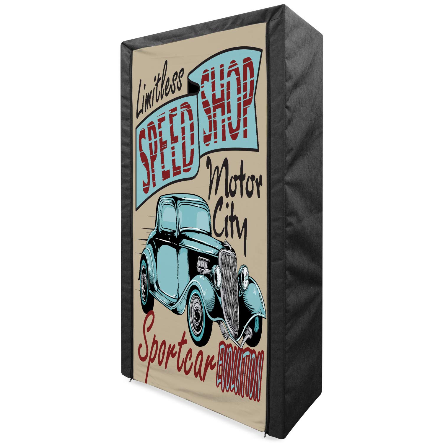 Ambesonne Retro Portable Fabric Wardrobe - Vintage Advertising Print with Antique Sports Car Design in Teal, Red & Brown | 33.5 Inch Clothing Organizer with Shelves | Perfect for Bedroom, Dorm, or Small Space Storage