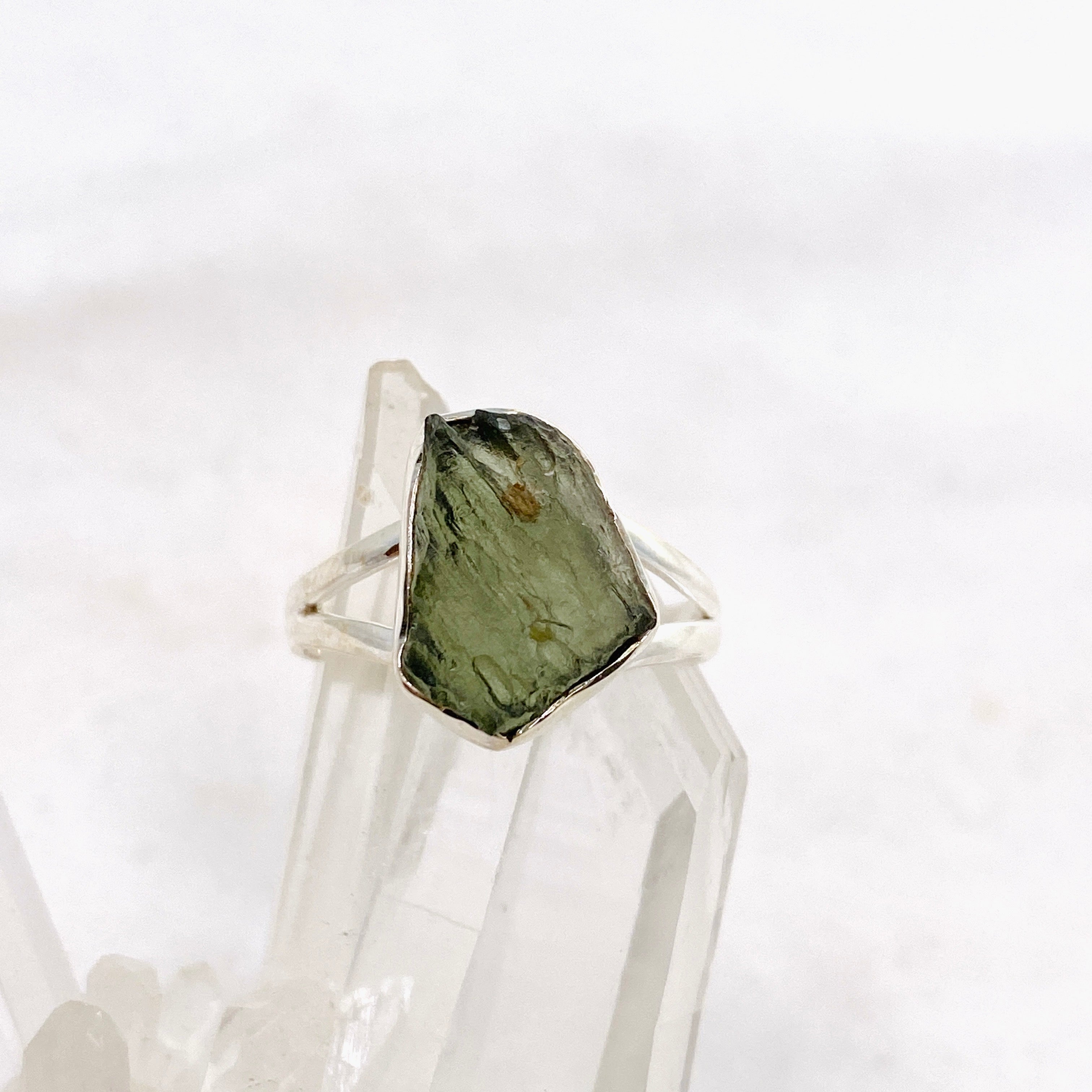 Natural Moldavite Raw Split Band Ring - Size 9 Green Meteorite Stone Jewelry KRGJ3359 | Spiritual Healing, Meditation & Unique Gift for Women