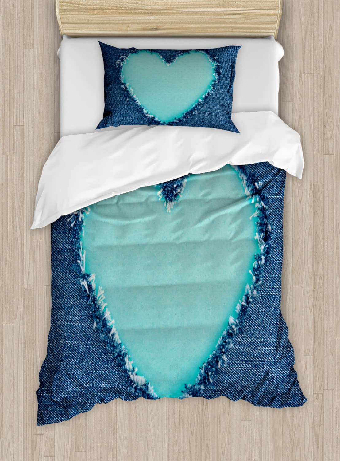 Ambesonne Navy and Teal Duvet Cover Set - Romantic Ripped Heart Design for Valentine's Day, Includes 2 Duvet Covers & 2 Pillowcases, Twin Size 2-Pack in Navy Blue & Seafoam - Perfect for Couples Bedroom Decor & Gift Ideas