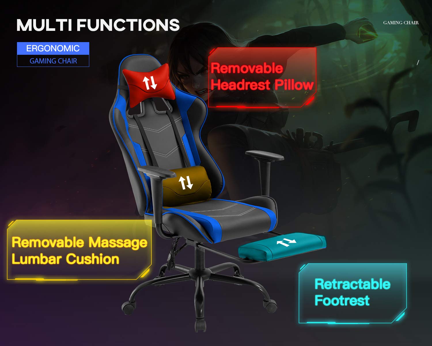 Ergonomic Gaming Chair with Headrest & Footrest - PU Leather Office Computer Desk Chair for Back Support - Adjustable Swivel Rolling Task Chair for PC Gaming, Work & Home Office Use - Blue