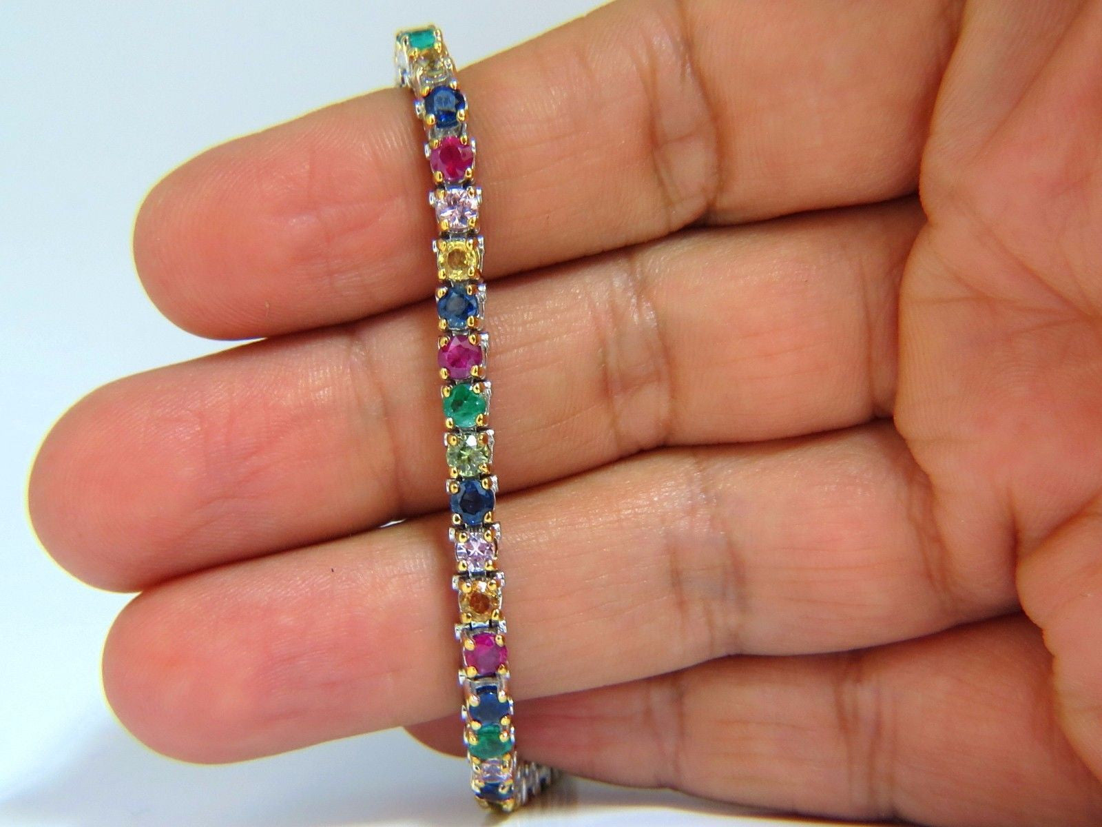 7.50ct Natural Ruby, Emerald & Sapphire Diamond Tennis Bracelet in 14K Gold - Elegant Jewelry for Women, Perfect for Weddings, Parties & Special Occasions