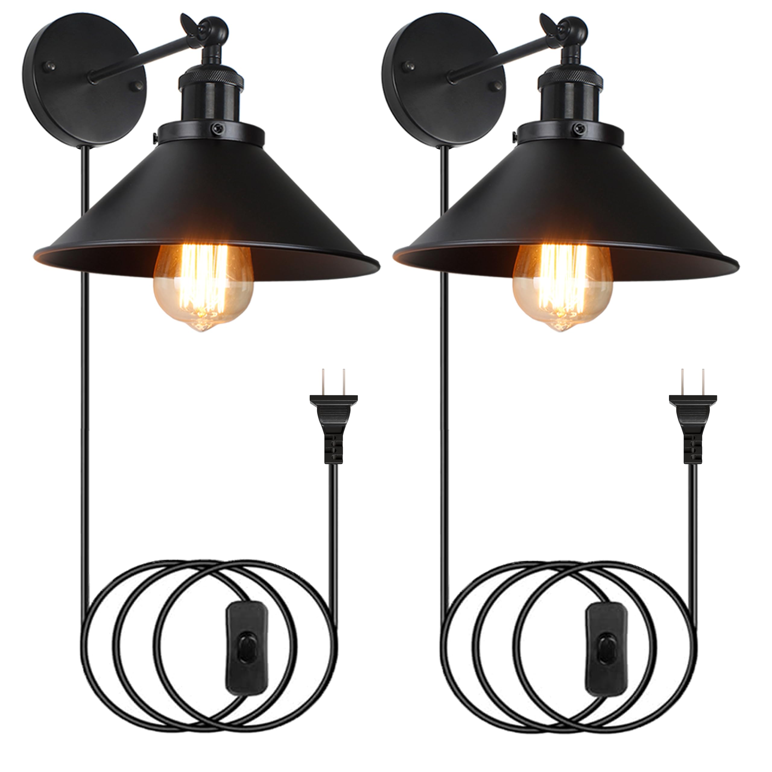 ASCELINA Plug-in Wall Sconce Light - 2 Pack Black Industrial Vintage Metal Wall Lamp with On/Off Switch & E26 Base - Perfect for Bedroom Headboard, Restaurant Decor, Living Room & Home Office Lighting