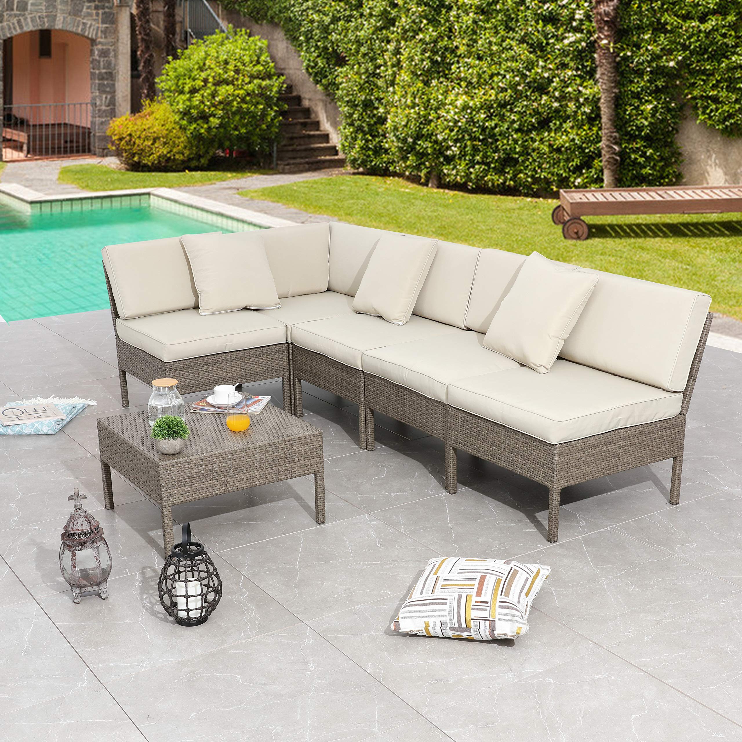 LOKATSE HOME 6-Piece Outdoor Patio Furniture Set - PE Rattan Sectional Sofa with Cushions & Coffee Table - Waterproof Wicker Conversation Set for Backyard, Poolside, Porch, Garden (Beige) | Perfect for Relaxing, Entertaining & Outdoor Dining