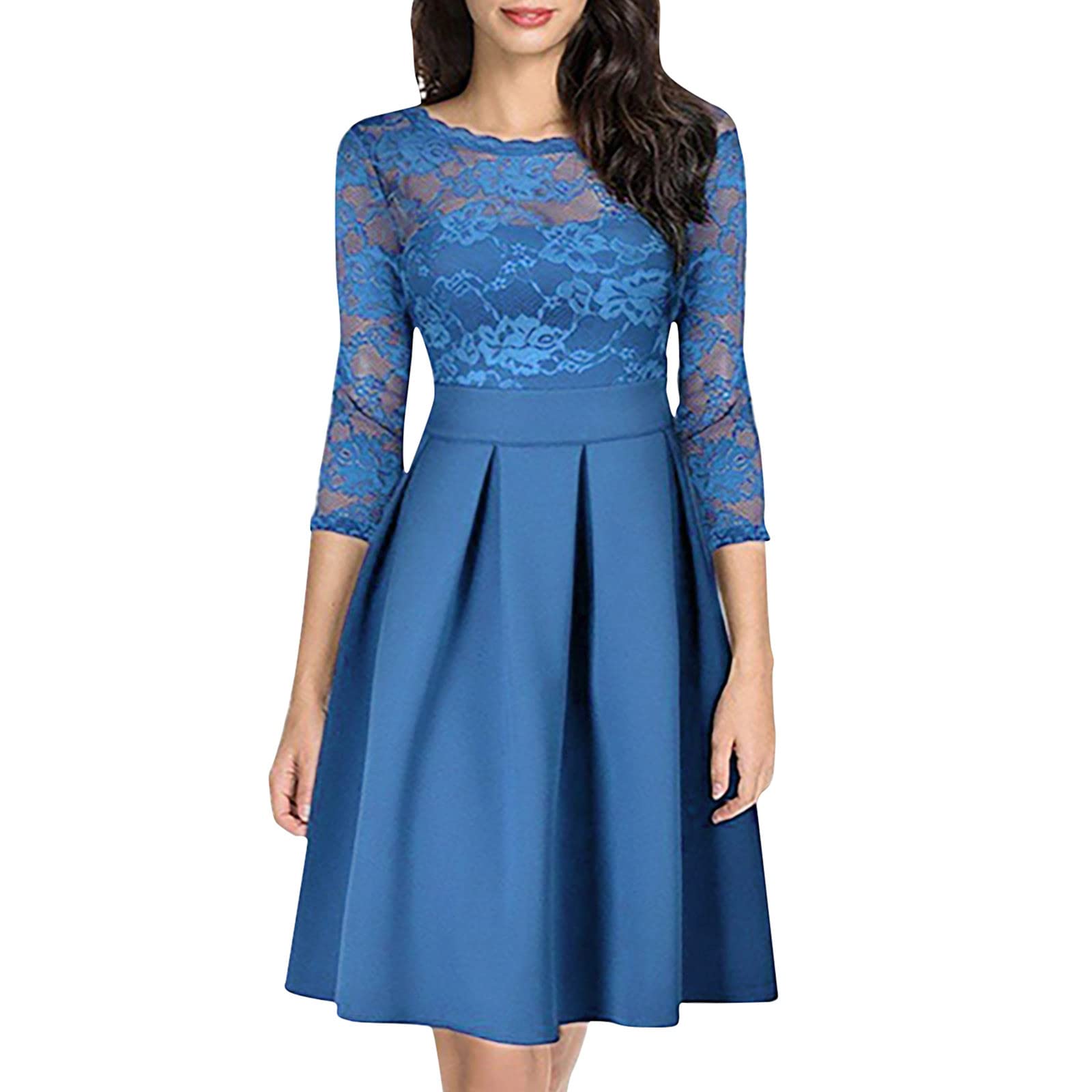 Elegant 3/4 Sleeve Lace A-Line Midi Dress for Women - Wedding Guest, Cocktail Party & Evening Occasions - Crew Neck Pleated Formal Dress for Special Events