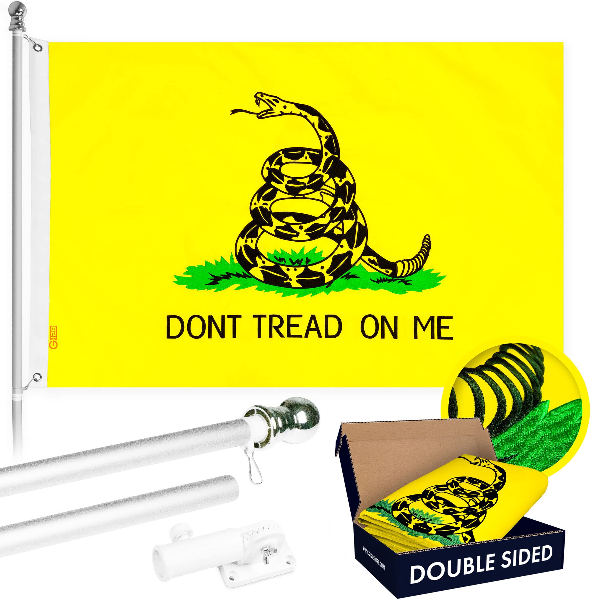 5ft Spinning Flagpole with Gadsden Flag - Silver Aluminum Pole, Double Sided Embroidered 2x3ft Flag & Brass Grommets - Perfect for Patriotic Yard Decor, Rooftop Displays & Outdoor Events