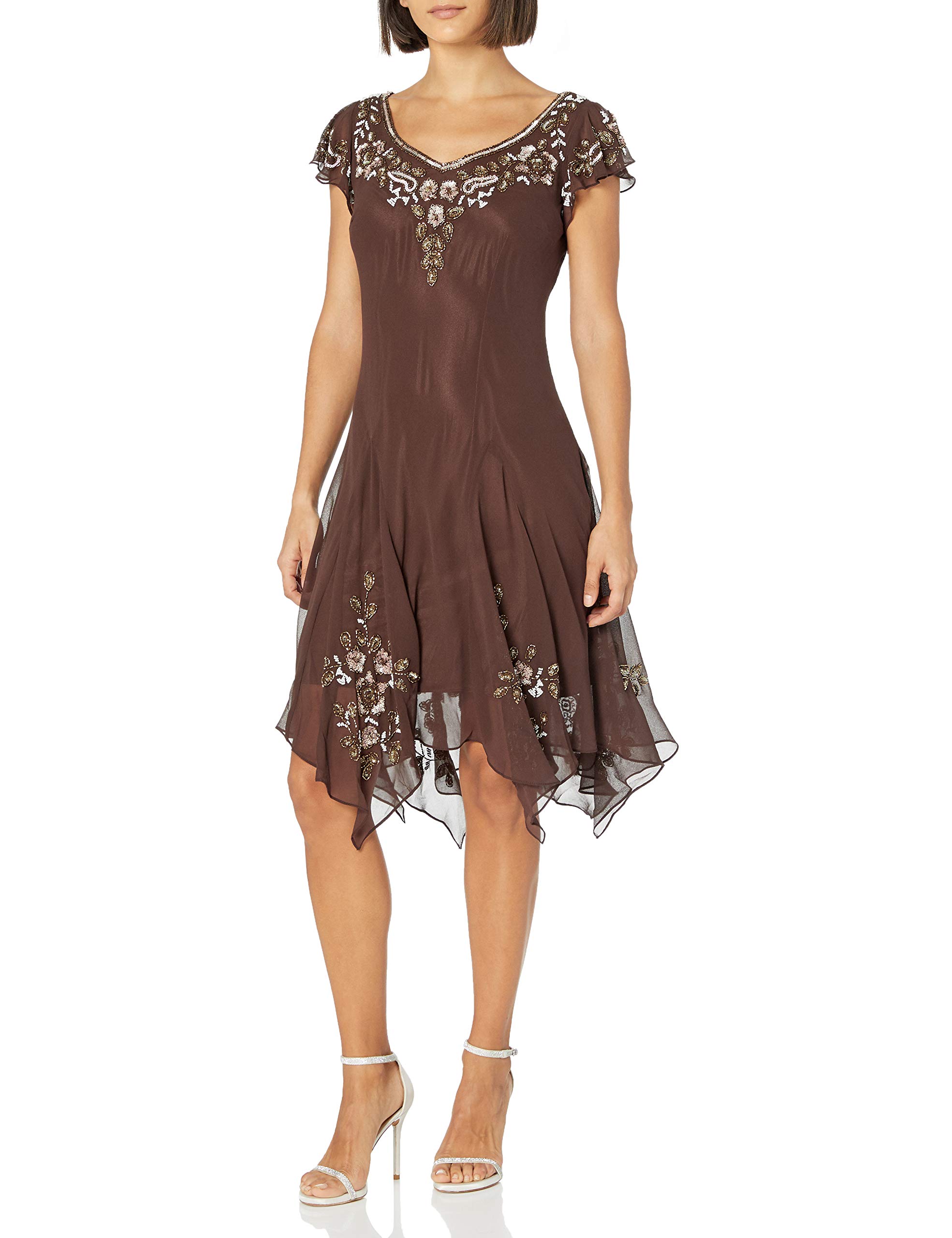 J Kara Women's Plus Size Petite Flutter Sleeve Hanky Hem Short Cocktail Beaded Dress - Elegant Party Wear for Weddings, Evening Events & Special Occasions