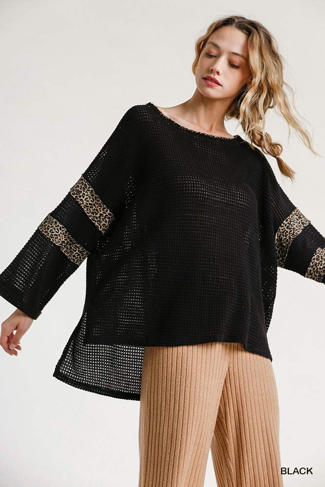 Umgee Women's Animal Print Waffle Knit Long Sleeve T-Shirt - Casual Fall & Winter Tops for Women, Perfect for Layering, Office Wear & Weekend Outfits