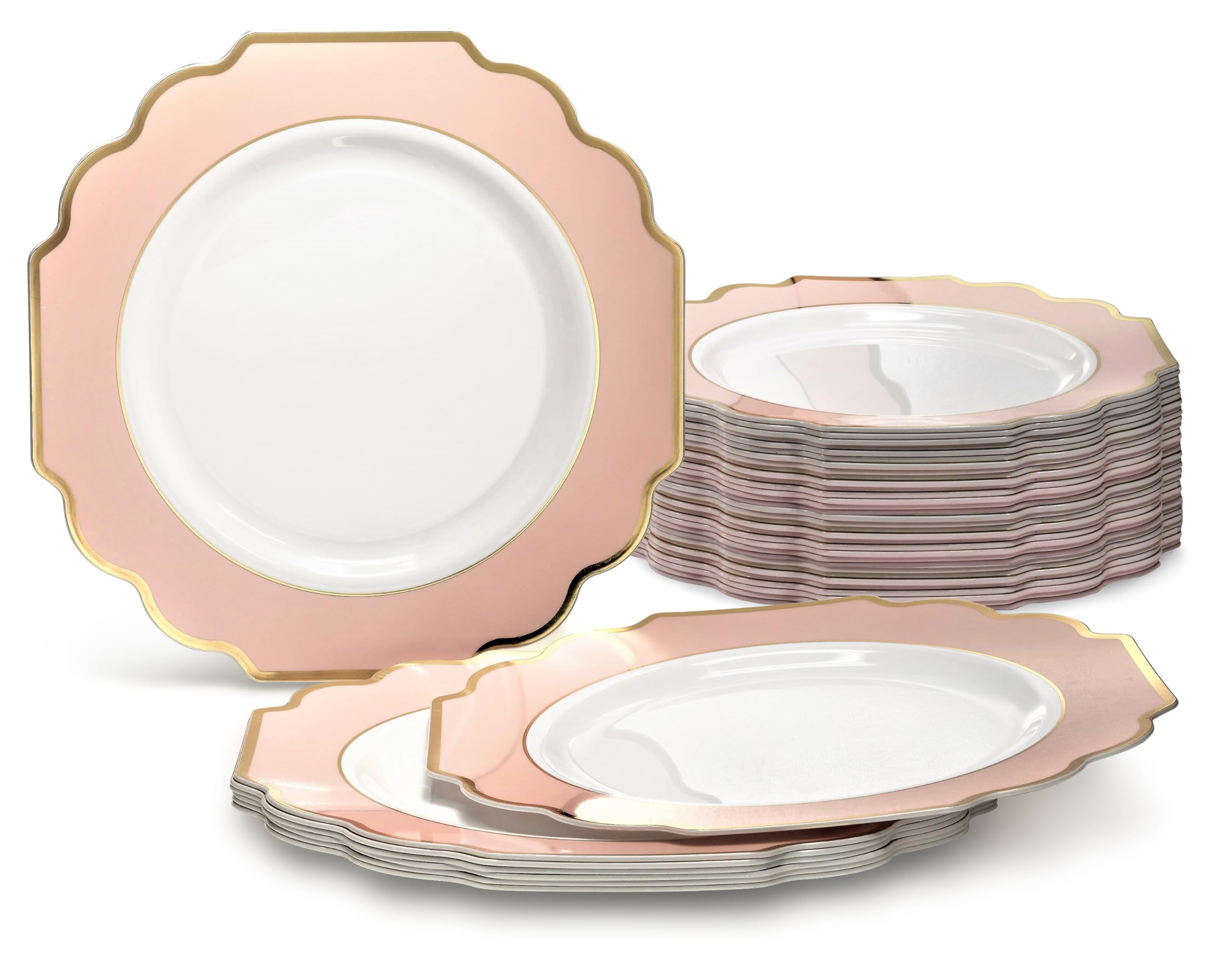 40-Pack Heavyweight Disposable Plastic Plates for Weddings & Parties - 8'' Appetizer/Dessert Plates in Elegant White/Blush & Gold | Perfect for Bridal Showers, Baby Showers, and Formal Events