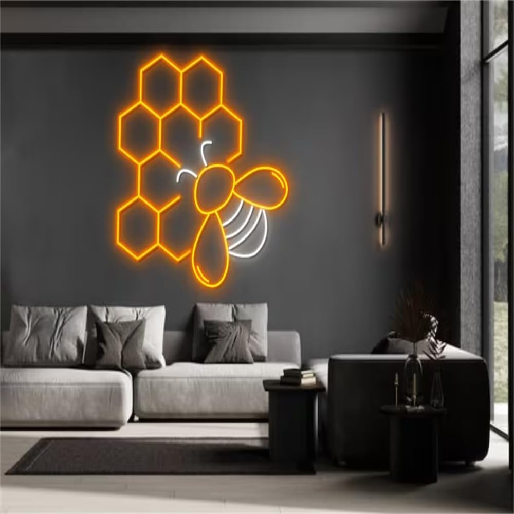 Honey Bee LED Neon Sign - Vibrant Honeycomb Wall Art for Bedroom, Bar & Cafe Decor - Perfect Beekeeper Gift & Unique Home Lighting (43x32.51cm) - Ideal for Birthday Presents, Wedding Decor & Apartment Aesthetics