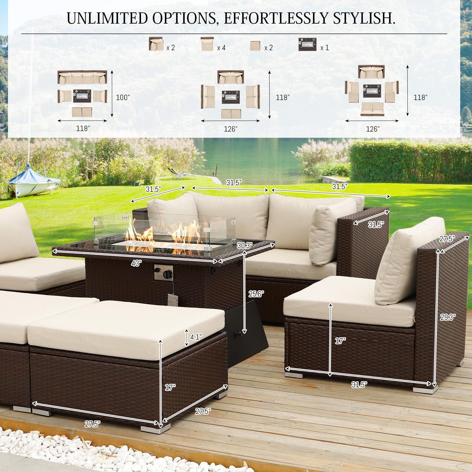 BLUEXYARD 9-Piece Brown PE Rattan Outdoor Patio Furniture Set with Fire Pit Table - High Back Wicker Sectional Sofa Conversation Set for Backyard, Garden, Poolside (Beige) - Perfect for Entertaining, Relaxing & Outdoor Gatherings