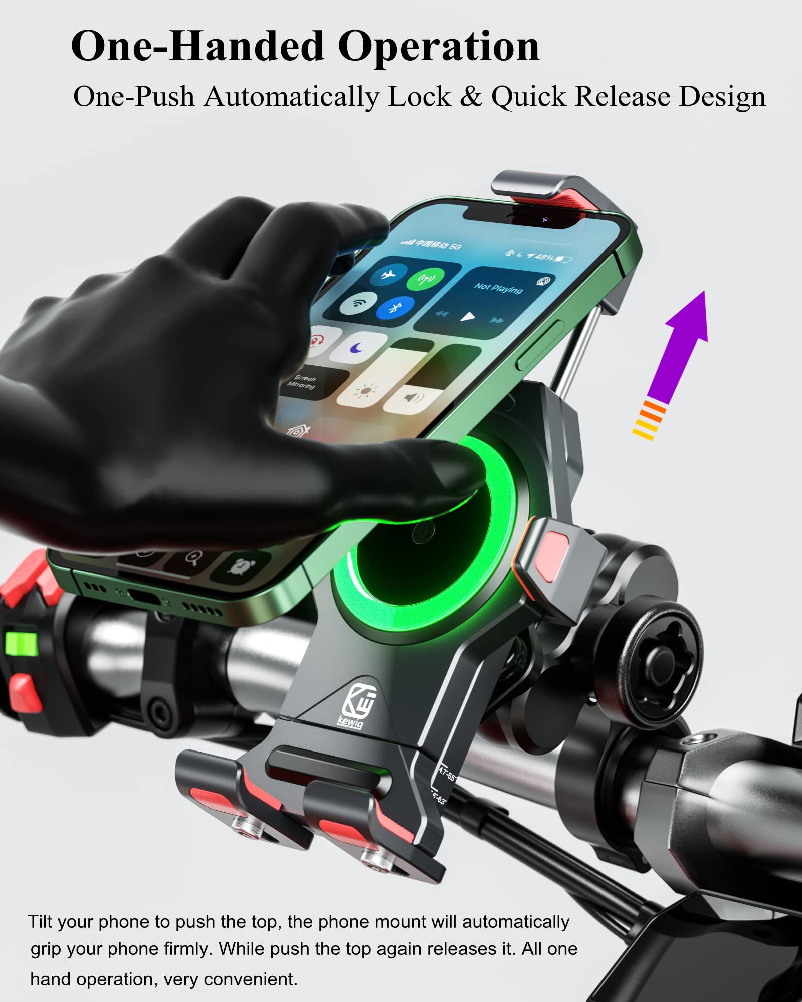 BRCOVAN Motorcycle Phone Mount with Qi 15W Wireless Charging - Aluminum Alloy Handlebar Holder, Vibration Dampener & Anti-Theft Lock for iPhone & Android (4.7