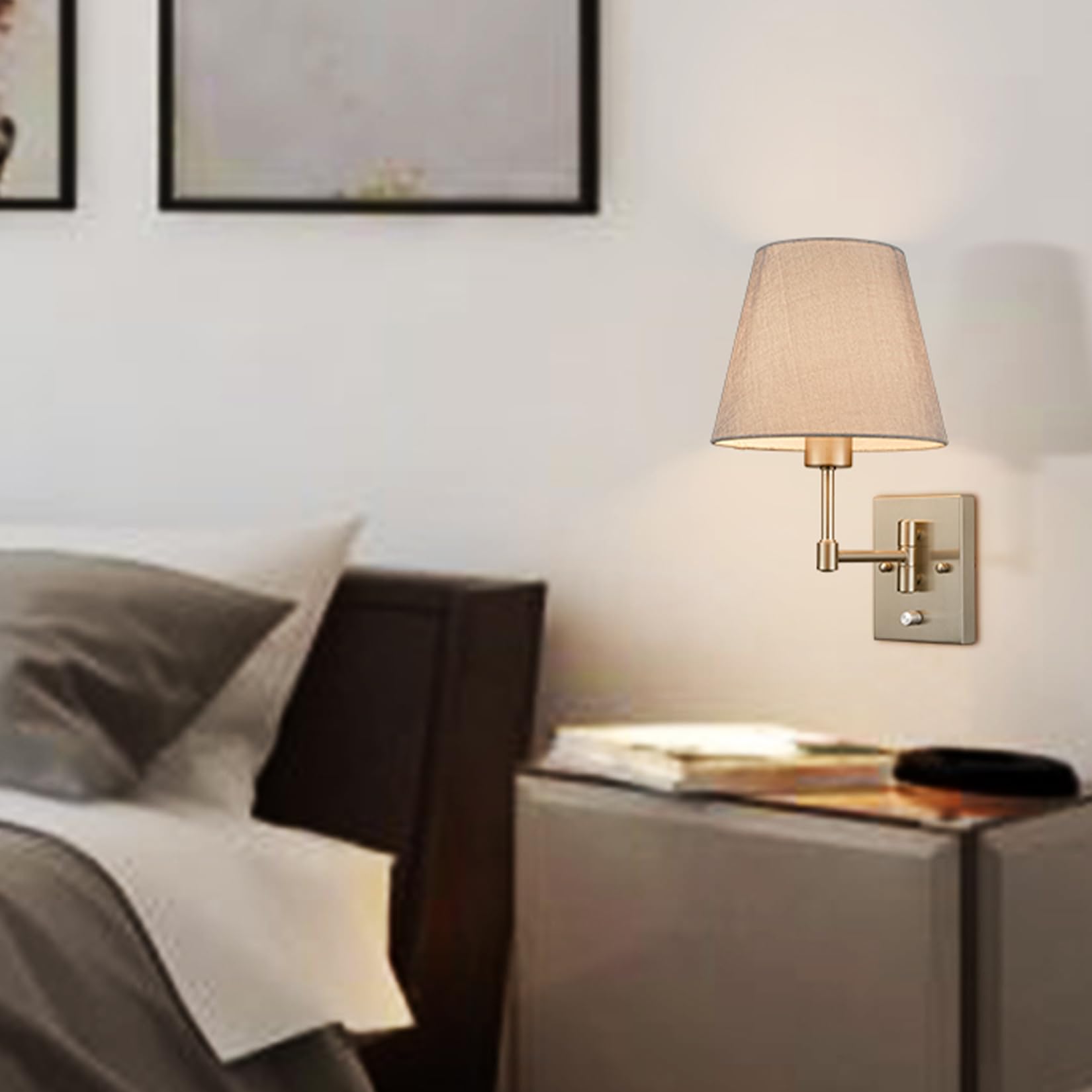 Plug-in Swing Arm Wall Sconce Set of 2 - Brushed Nickel Wall Lamp with Grey Fabric Shade & On/Off Switch for Bedroom, Living Room, Hallway - Perfect for Reading Nook, Nightstand Lighting & Home Decor