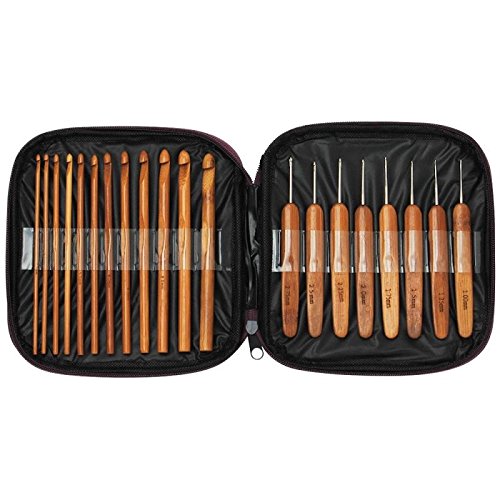 20-Piece Bamboo Handle Crochet Hooks Set - Ergonomic Knitting Needles for DIY Weaving & Craft Projects - Includes Storage Bag (Perfect for Beginners, Yarn Crafts, and Handmade Gift Making)