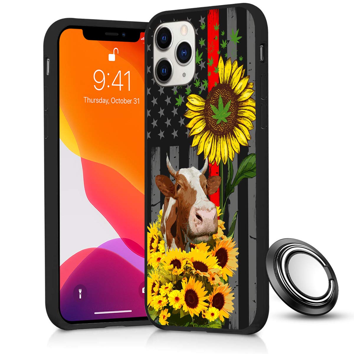 **iPhone 11 Pro Max Case - Slim Shockproof Silicone Cover with Sunflower & American Flag Design, Anti-Scratch TPU Rubber Protection & Ring Holder Stand (6.5 Inch) - Perfect for Work, Travel & Everyday Use**