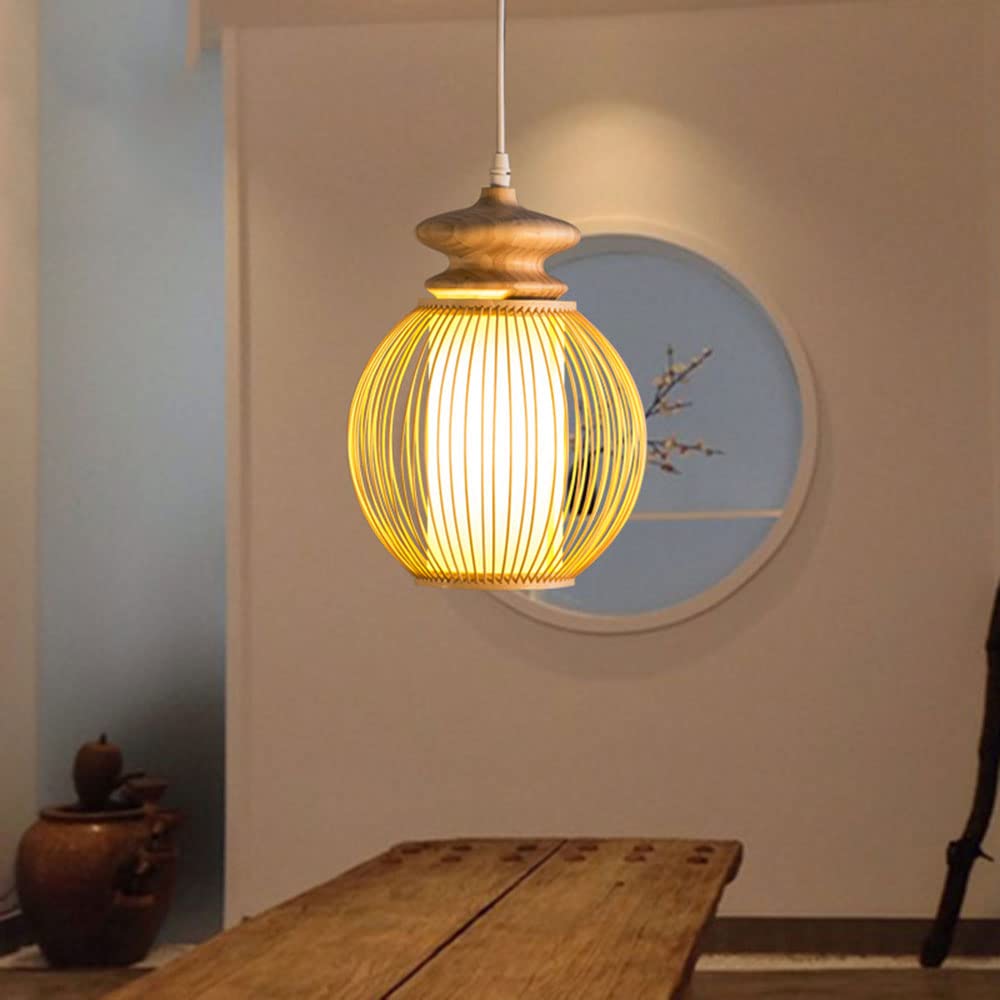 Handmade Bamboo Woven Pendant Light - Natural Wooden Hanging Ceiling Fixture with Wicker Lampshade - Decorative Lantern Lighting for Kitchen Island, Living Room, Bedroom & Restaurant - Perfect for Boho, Farmhouse and Coastal Home Decor