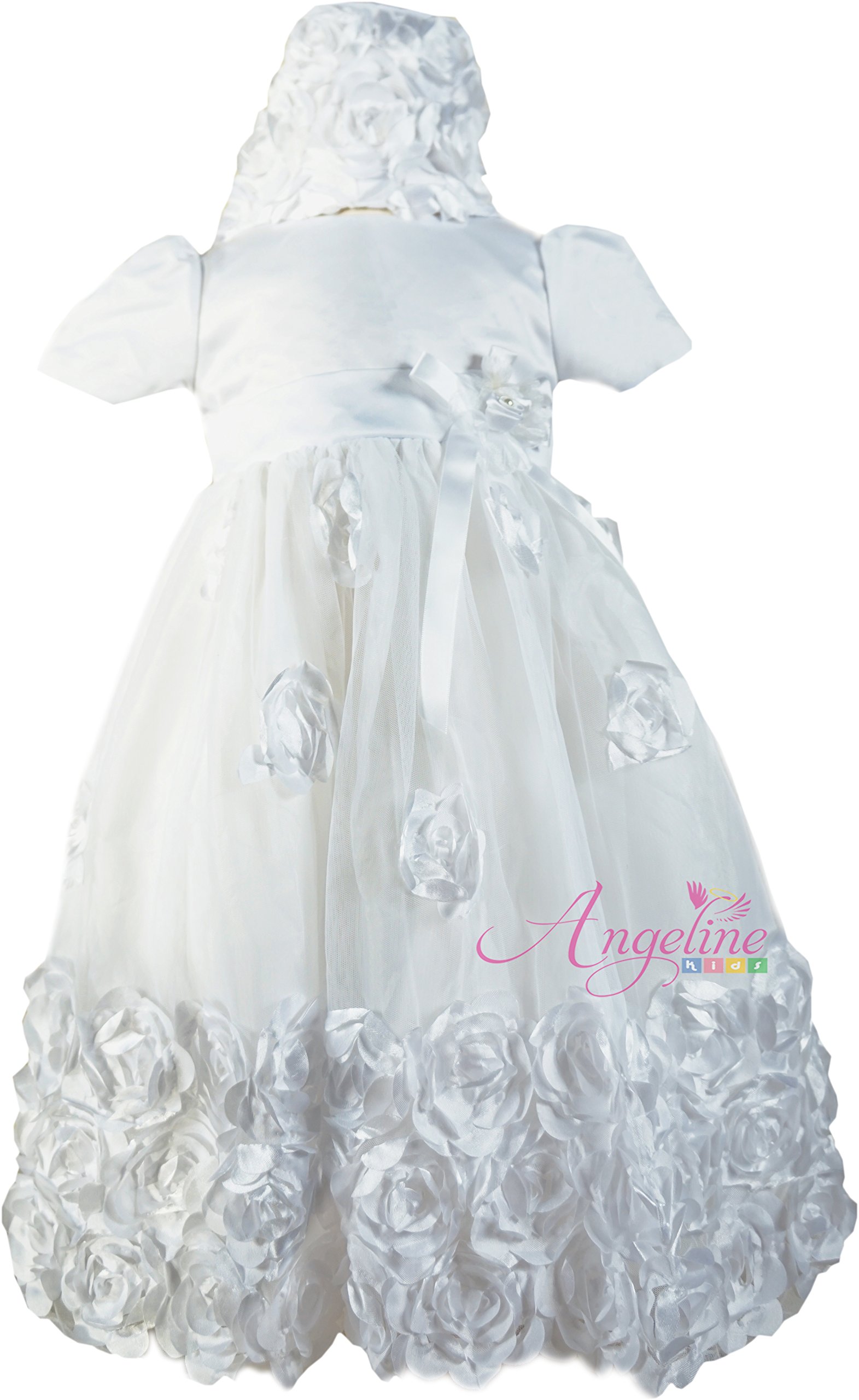 Angeline Baby Girls Christening Dress - White Tulle Baptism Gown with Bonnet | Perfect for Christening, Baptism, First Communion & Special Occasions