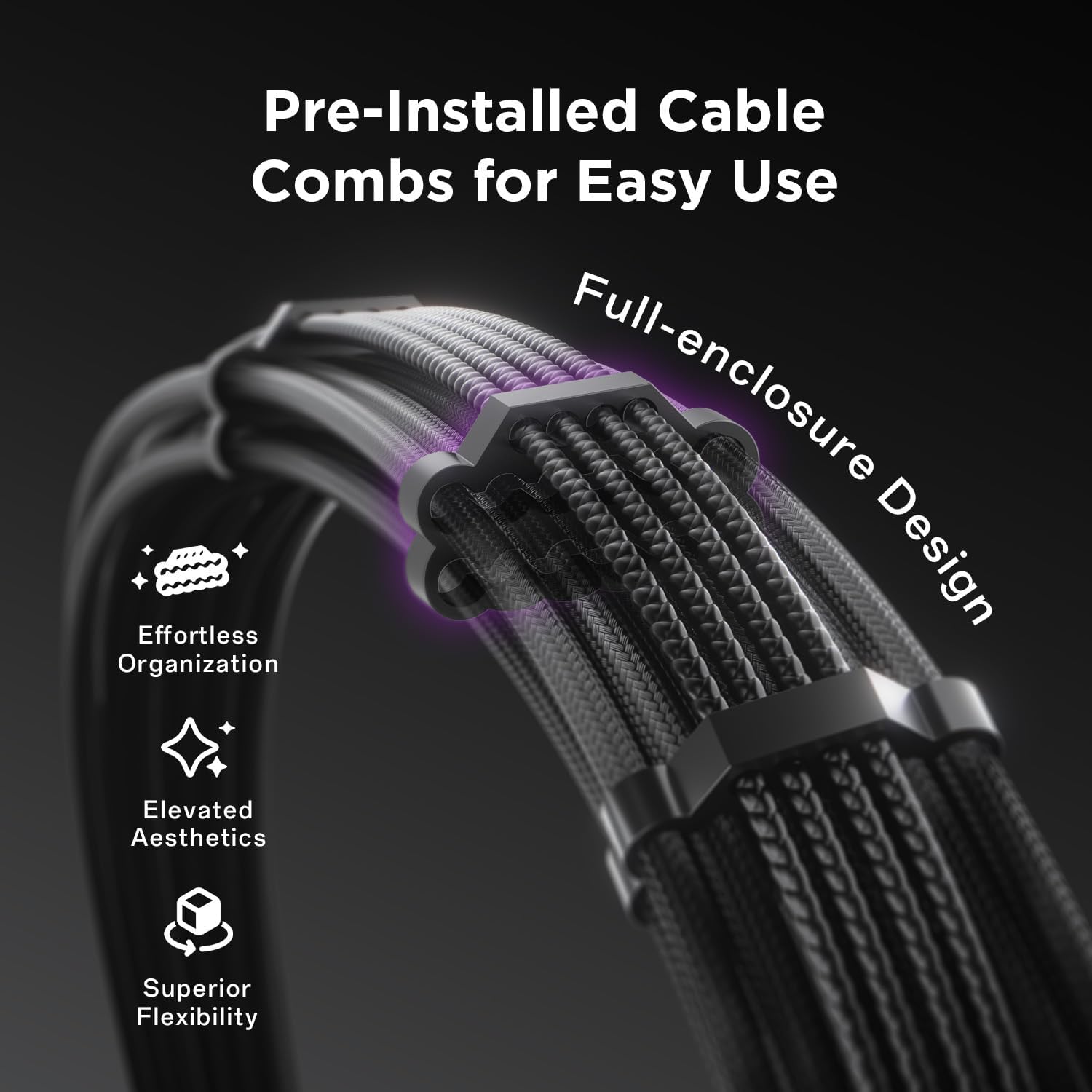 Asiahorse Black PCIe 5.0 12VHPWR Sleeved PSU Extension Cable Kit - 16AWG High Quality Cotton Braided Custom Mod Kit (4-Pack with 1 Connector) for Gaming PC, Workstation & High-Performance Computer Builds