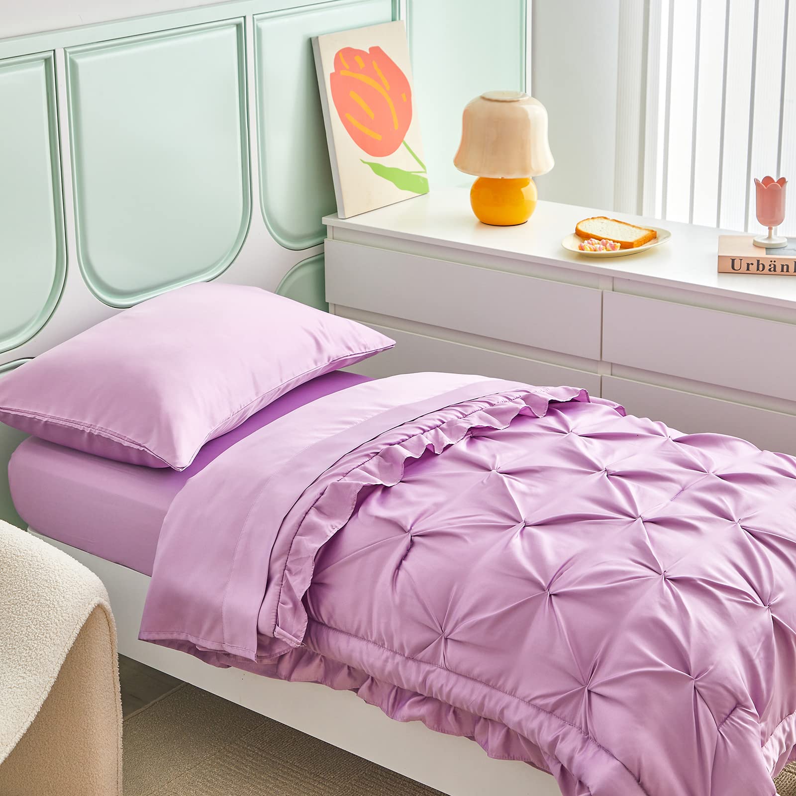 4-Piece Pinch Pleated Toddler Bedding Set with Ruffle Fringe - Solid Purple Unisex Pintuck Crib Sheets for Baby Boys & Girls (Comforter, Flat Sheet, Fitted Sheet, Pillowcase) - Soft Nursery Bedding for Cozy Sleep & Playtime
