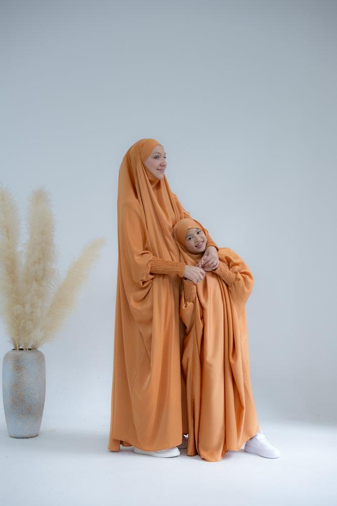 Little Gretaah Khimar Style Prayer Gown for Kids - Orange Islamic Dress with Ribbed Sleeve Cuffs - Perfect for Eid, Mosque & Religious Ceremonies